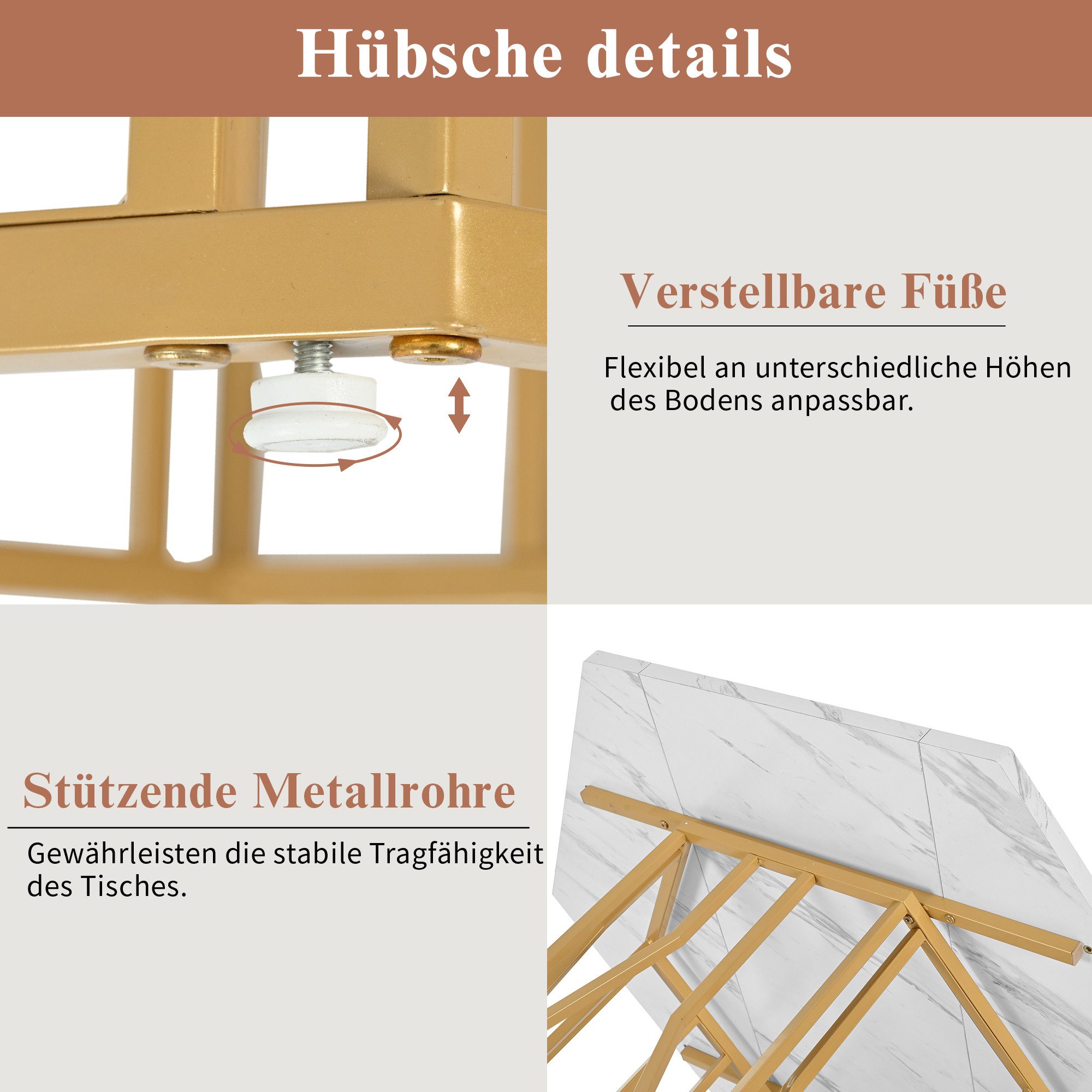 Flieks Esstisch sechseckiger Küchentisch (115,5x100x75 cm, 1-St., 1 Tisch), Schreibtisch mit weiße Marmoroptik und schwarzes Metallzweiggestell – Bild 5 von 5