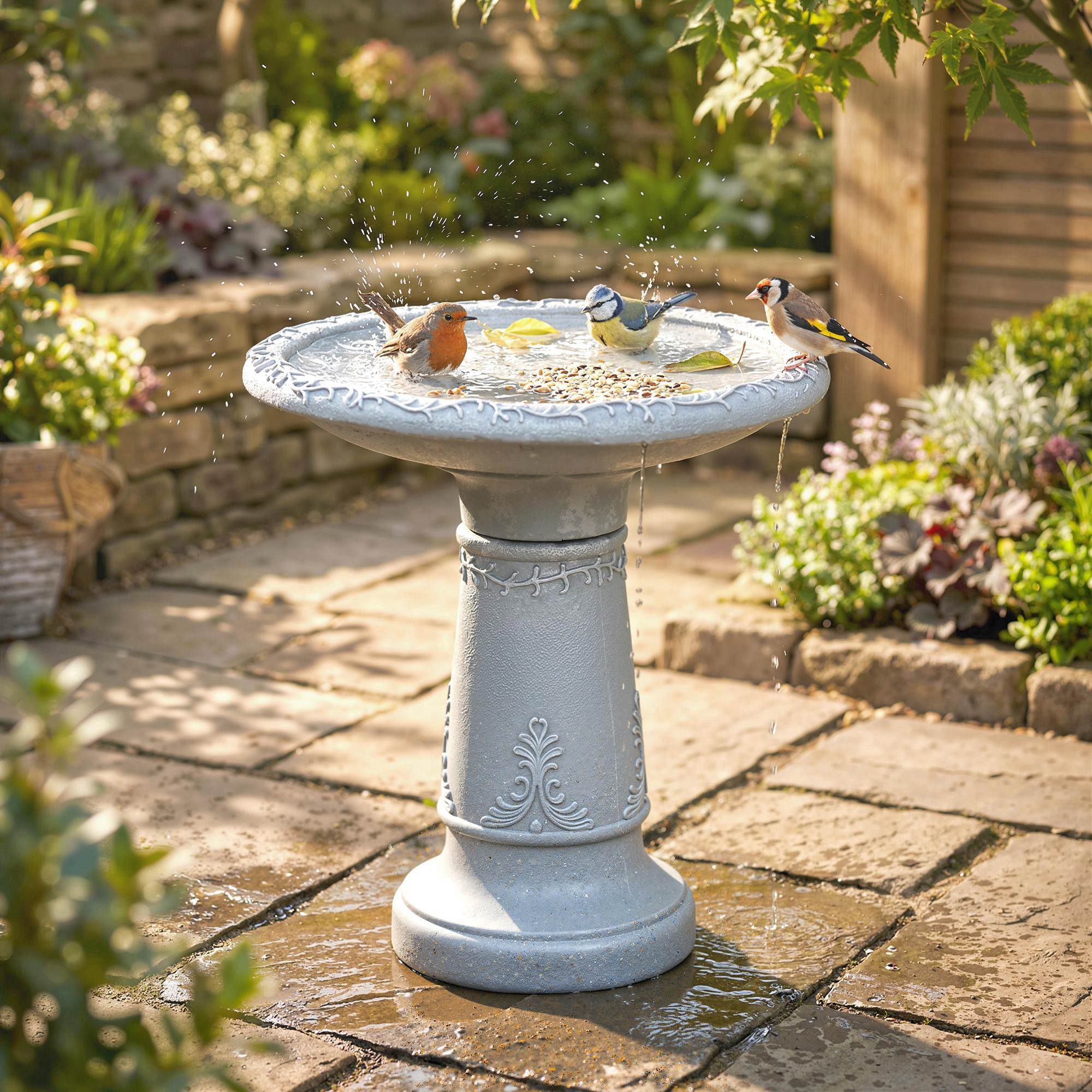 Outsunny Vogeltränke Vogelbad aus Harz 0 l, für Garten Terrasse 48 x 48 x 51 cm, Grau