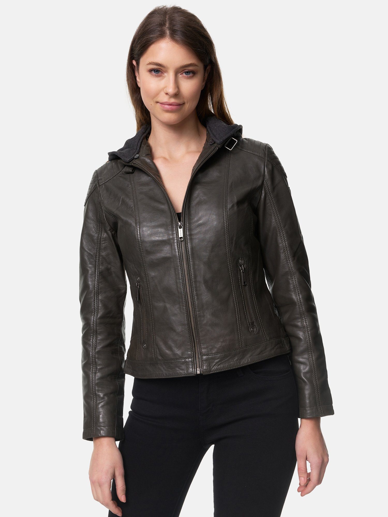 Tazzio Lederjacke F503 Damen Leder Jacke im Biker Look mit abnehmbarer Kapu günstig online kaufen
