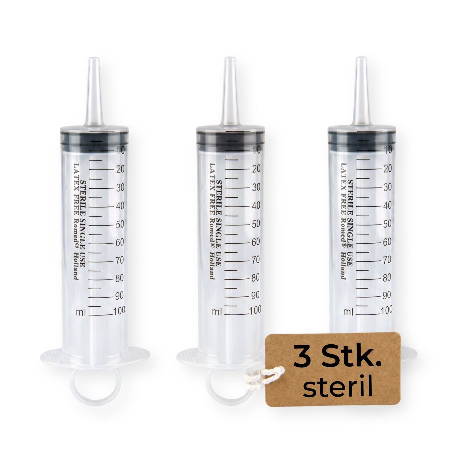 Romed Einwegspritze Wund- & Blasenspritze, 100 ml, steril verpackt, (3-St), steril, mit Luer-Adapter, latexfrei