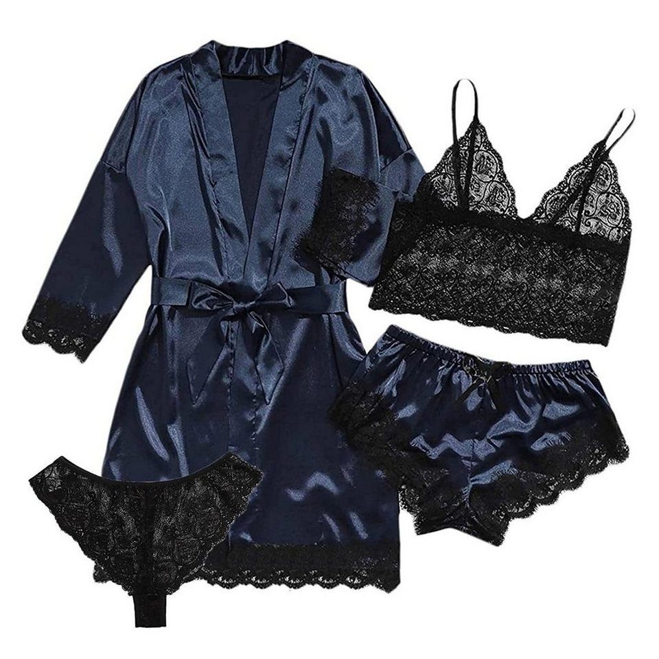 Daisred Pyjama 4 Teiliges Schlafanzüge Sexy Spitze Lace Set für Damen Blau