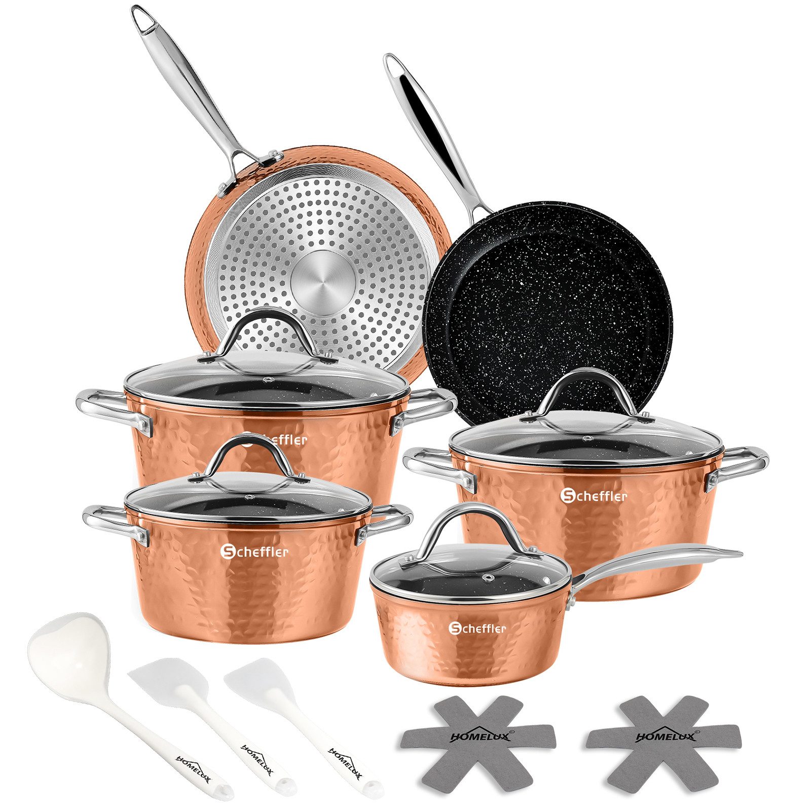 Scheffler Topf-Set 15 tlg Topfset Induktion, Antihaftbeschichtung Töpfe mit Glasdeckel, Aluminium (Set, 24/28 cm Сковороды + 20/24/28 cm Kochtöpfe + 16cm Kasserolle), Induktion