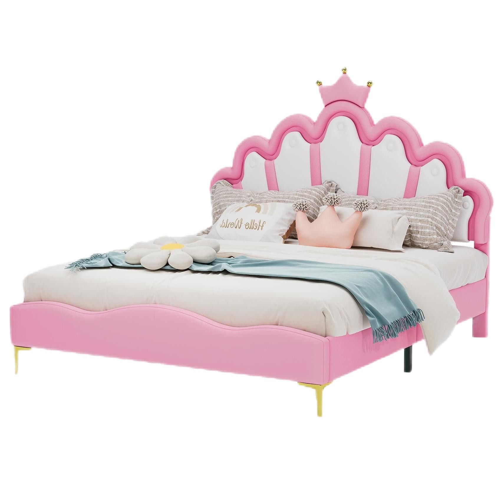 TavilaEcon Prinzessinbett Kronenförmiges Prinzessinnenbett mit LED-Beleuchtung (Ohne Matratze), mit höhenverstellbarem Kopfteil