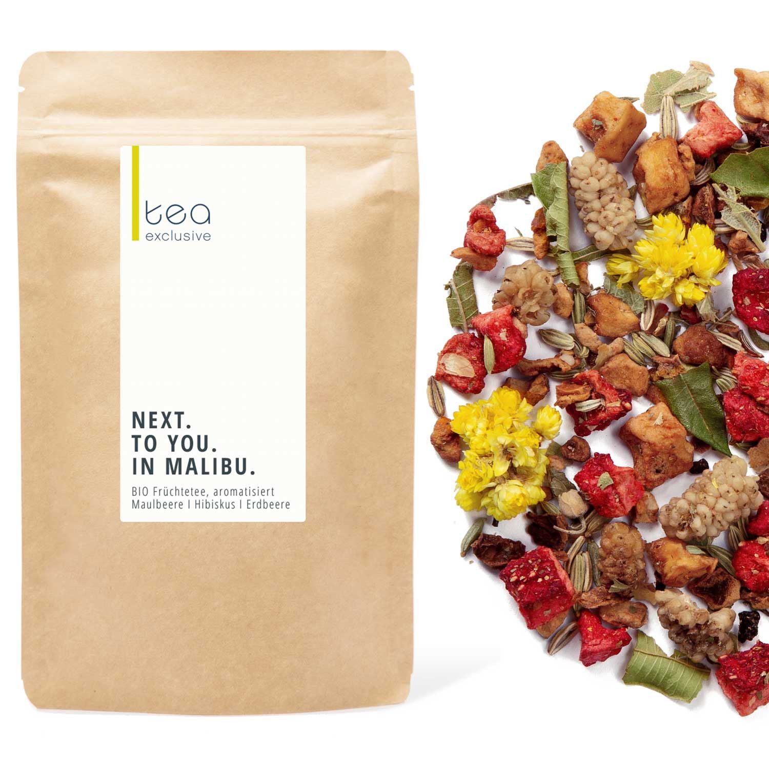 tea exclusive Tee Next to you in Malibu, Früchtetee BIO, 100g, Exotisch, erfrischend, fruchtig.