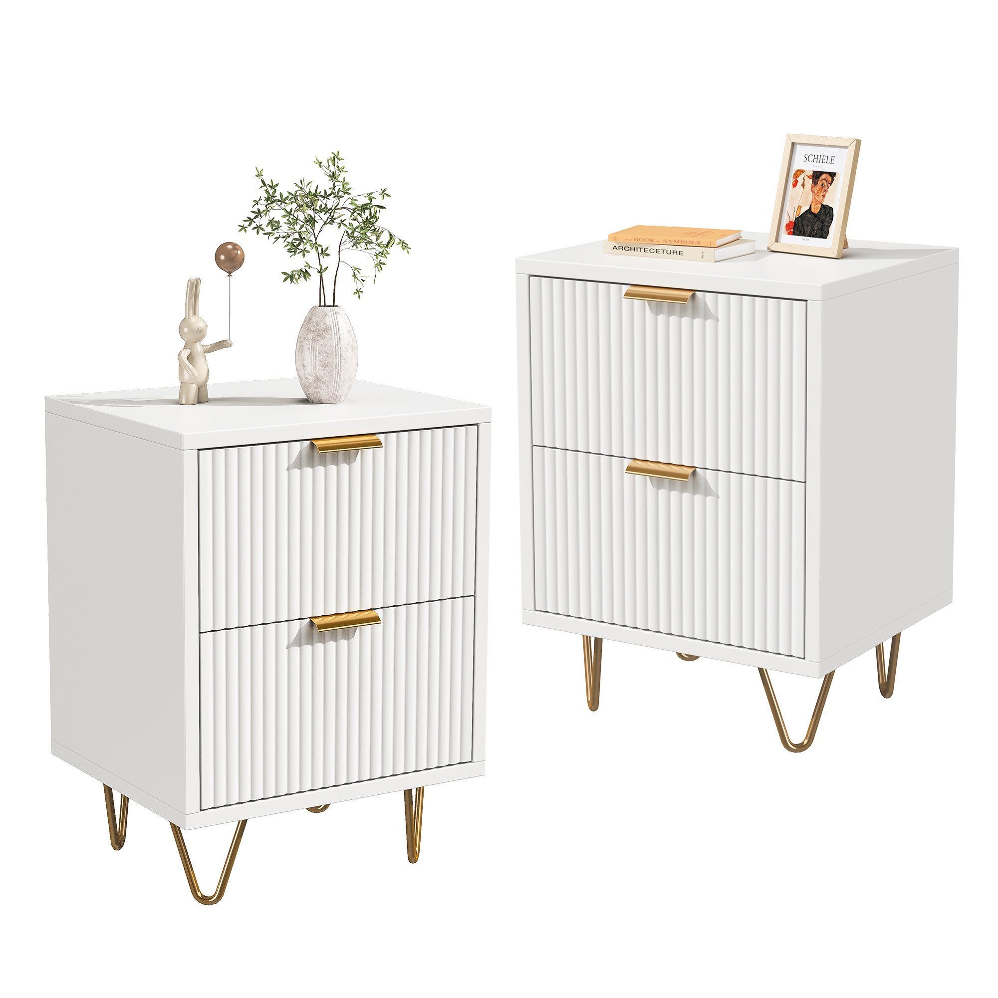 FUROKOY Nachttisch 2er set Nachtschrank mit Schubladen, Beistelltisch mit Metallbeine (Weiß Sofatisch Beistelltisch mit 2 Schubladen), Schubladenschrank für Schlafzimmer Flur Wohnzimmer, 40 x 40 x 55 cm