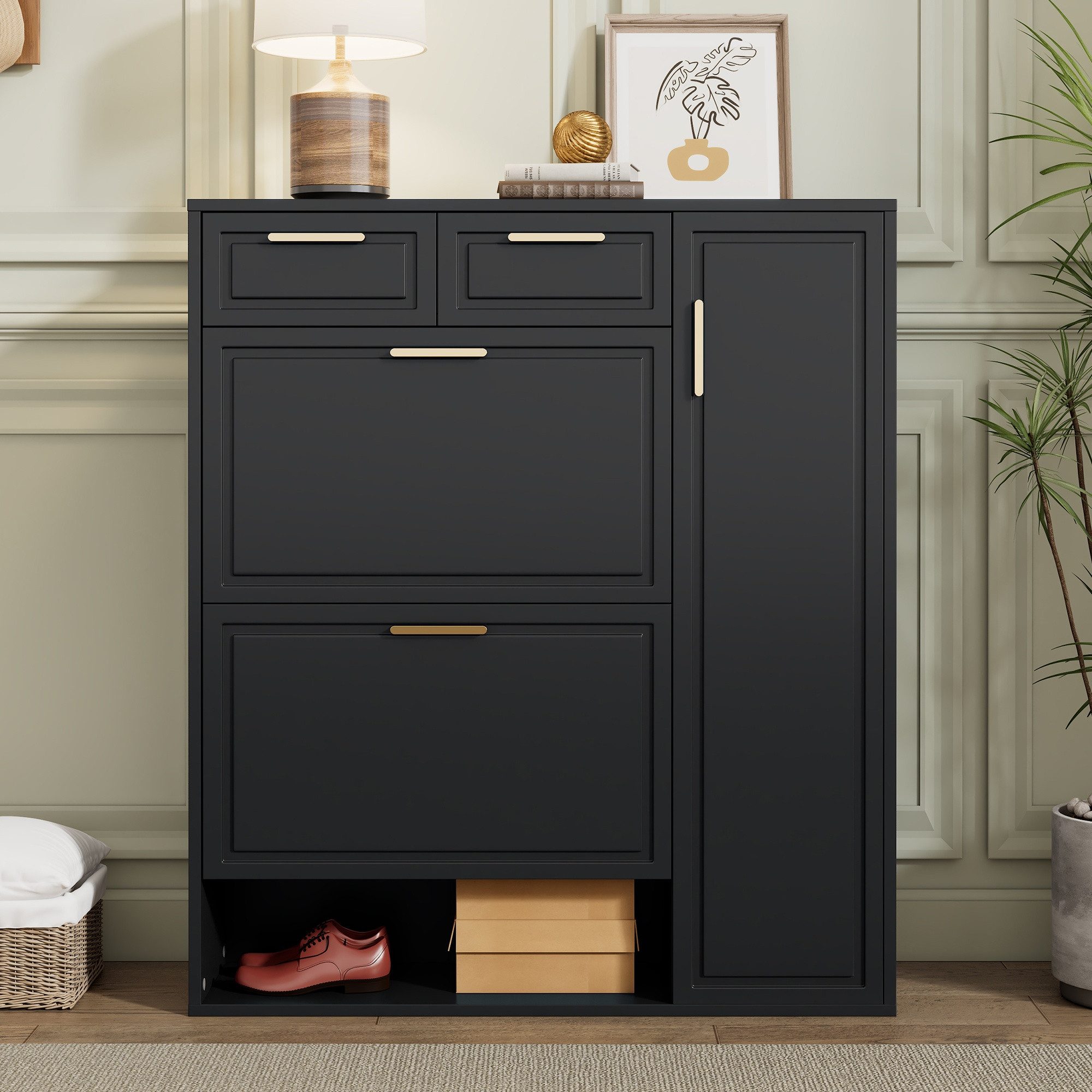 IDEASY Schuhschrank Schuhschrank Schwarz verstellbar Schubladen Klappfach Tür Goldgriff