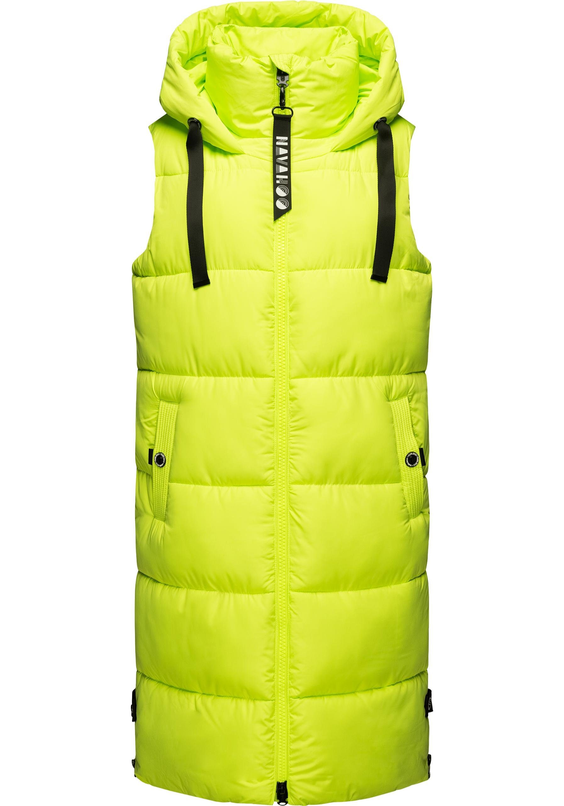 Navahoo Steppweste Kapuze lang mit neongrün (1-tlg) Schnuffelchen Damen warme Outdoor-Weste