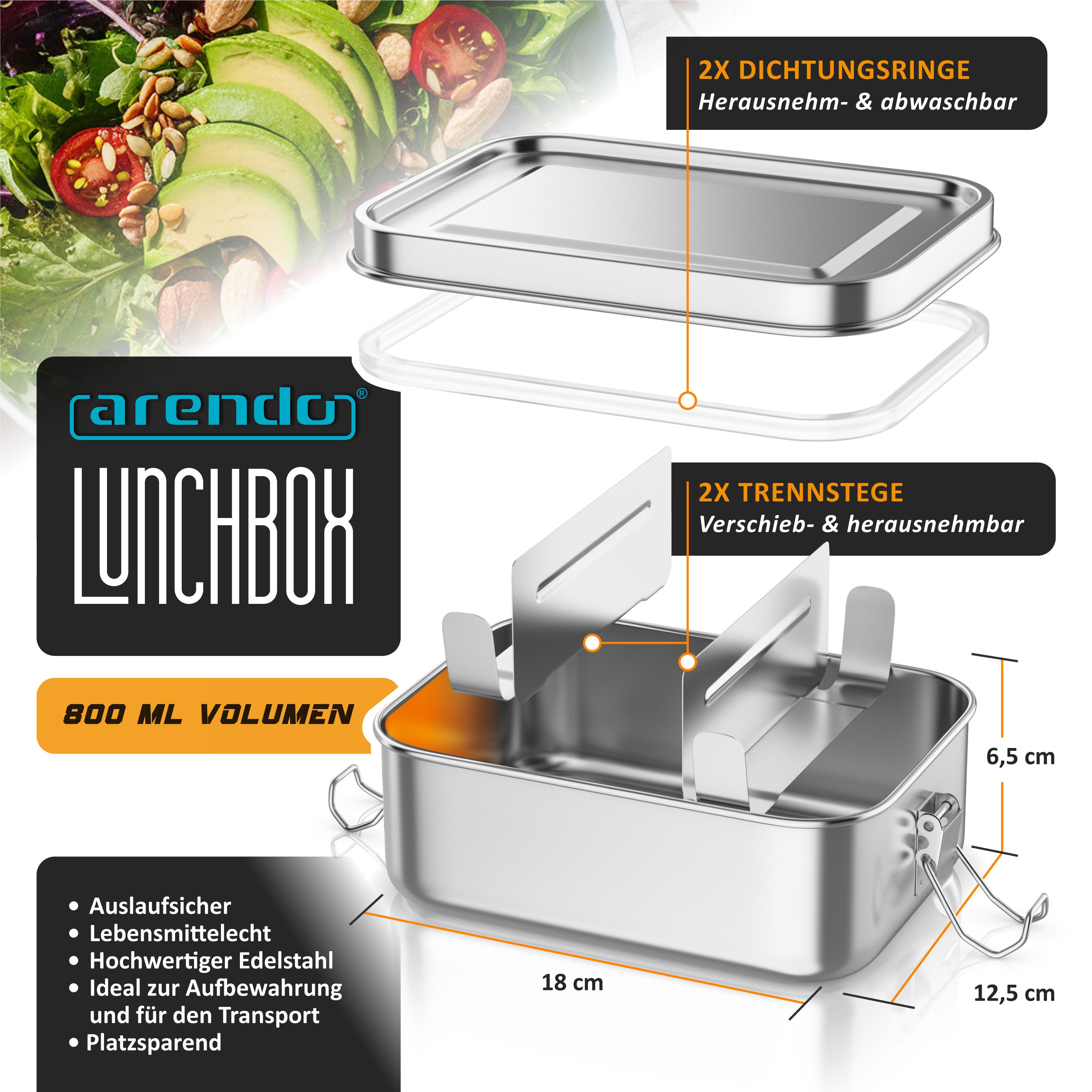Arendo Lunchbox Edelstahl Brotdose 800 ml mit Fächern, für Kinder und Erwachsene, Edelstahl, (1-tlg., 2 Trennstege, 2 Silikondichtungen), auslaufsicher, entnehmbare Trennstege, Dichtung, lebensmittelecht