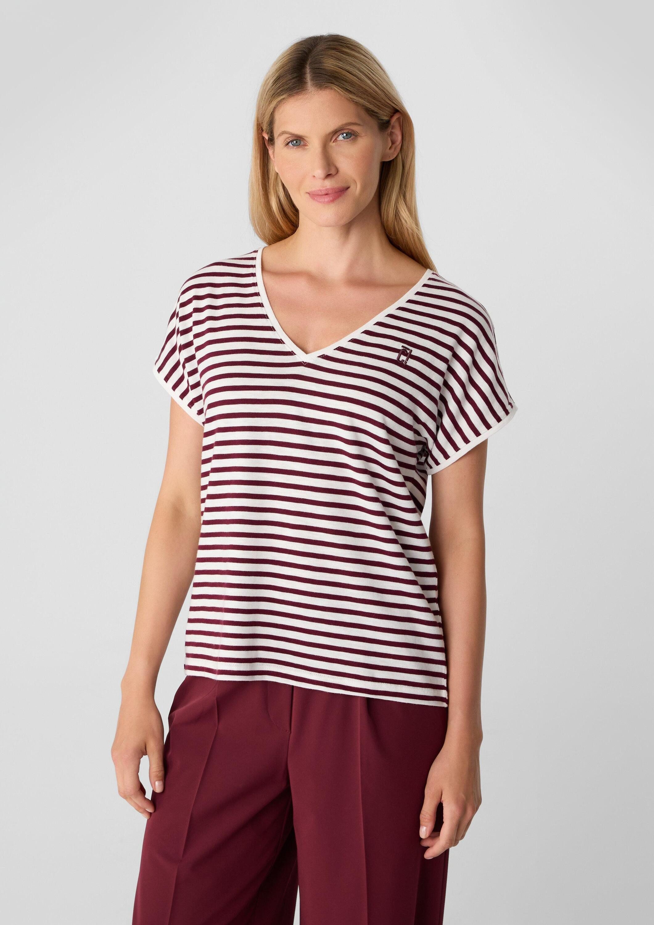 comma Kurzarmshirt T-Shirt Strickshirt mit Streifen und V-Ausschnitt