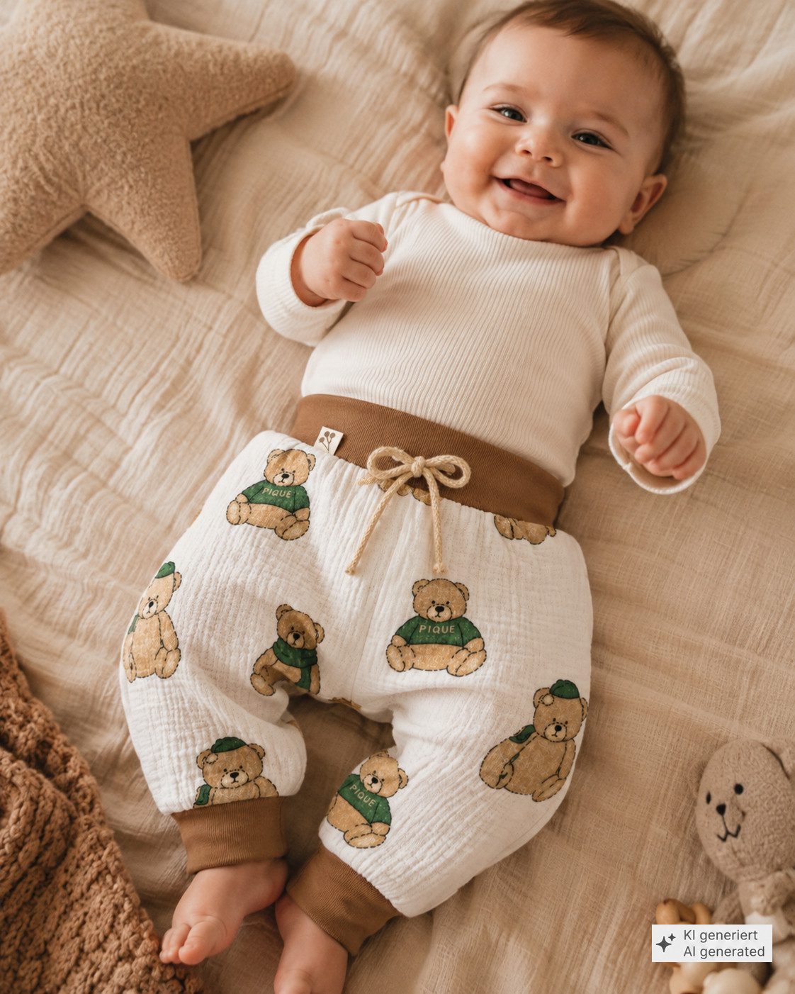 La Bortini Schlupfhose Baby Hose aus Musselin Babyhose mit Bären Muster für Neugeborene (Erstlingshose für Jungen und Mädchen, neutral) luftig, weich, unisex, 44 50 56 62 68 74 80 86