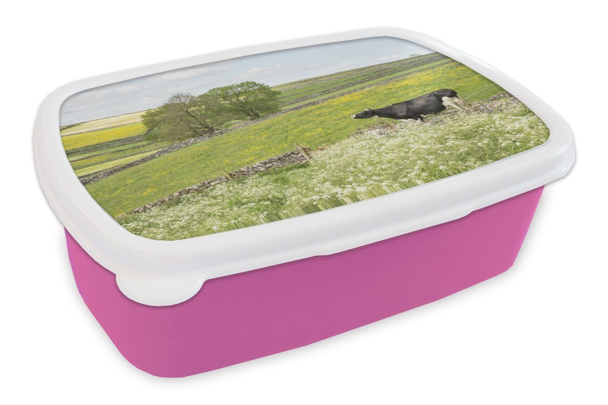 MuchoWow Lunchbox Kuh - Blumen - Tiere, Kunststoff, (2-tlg), Brotbox für Erwachsene, Brotdose Kinder, Snackbox, Mädchen, Kunststoff rosa