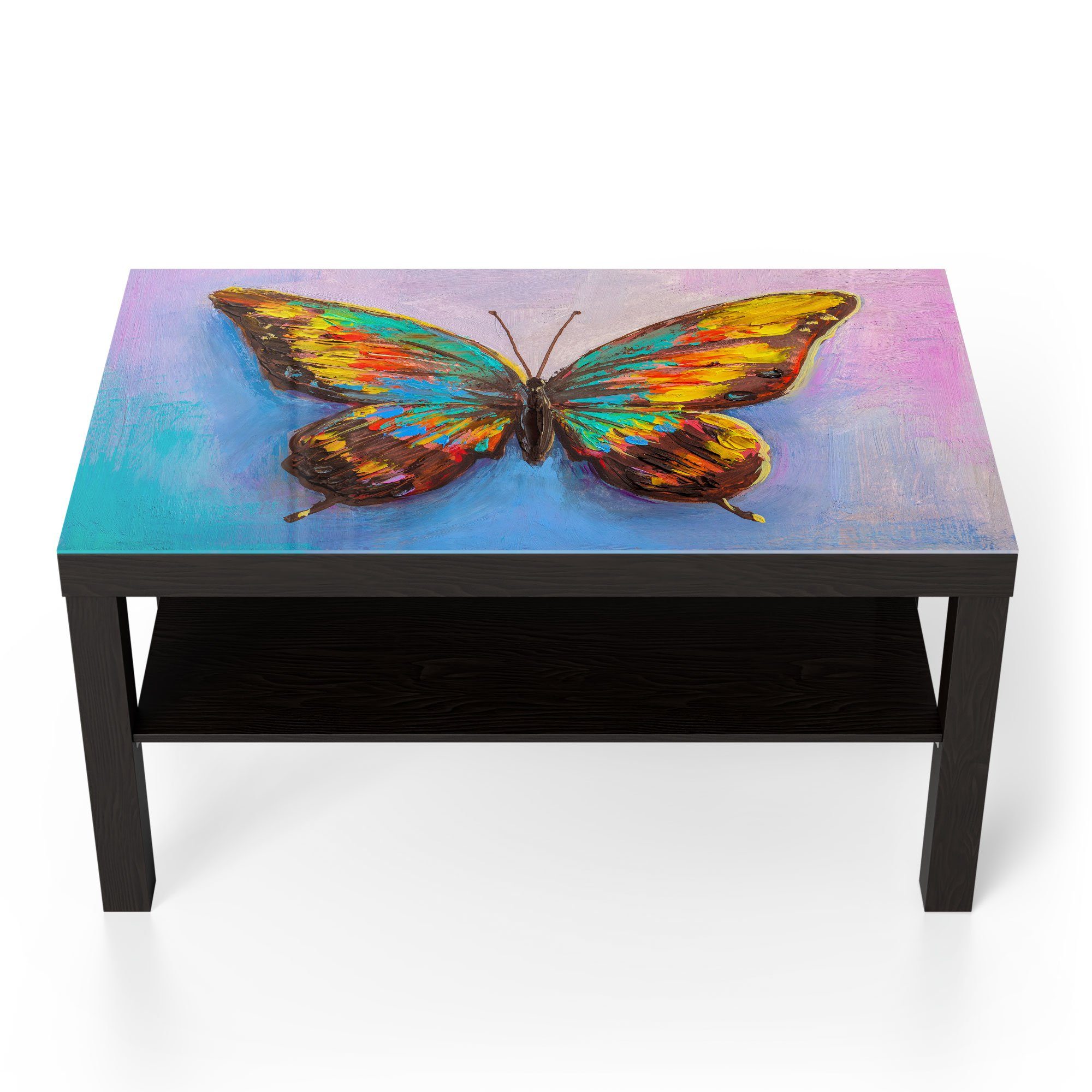 DEQORI Couchtisch 'Bunter Glastisch modern Schwarz Glas Beistelltisch Schmetterling'
