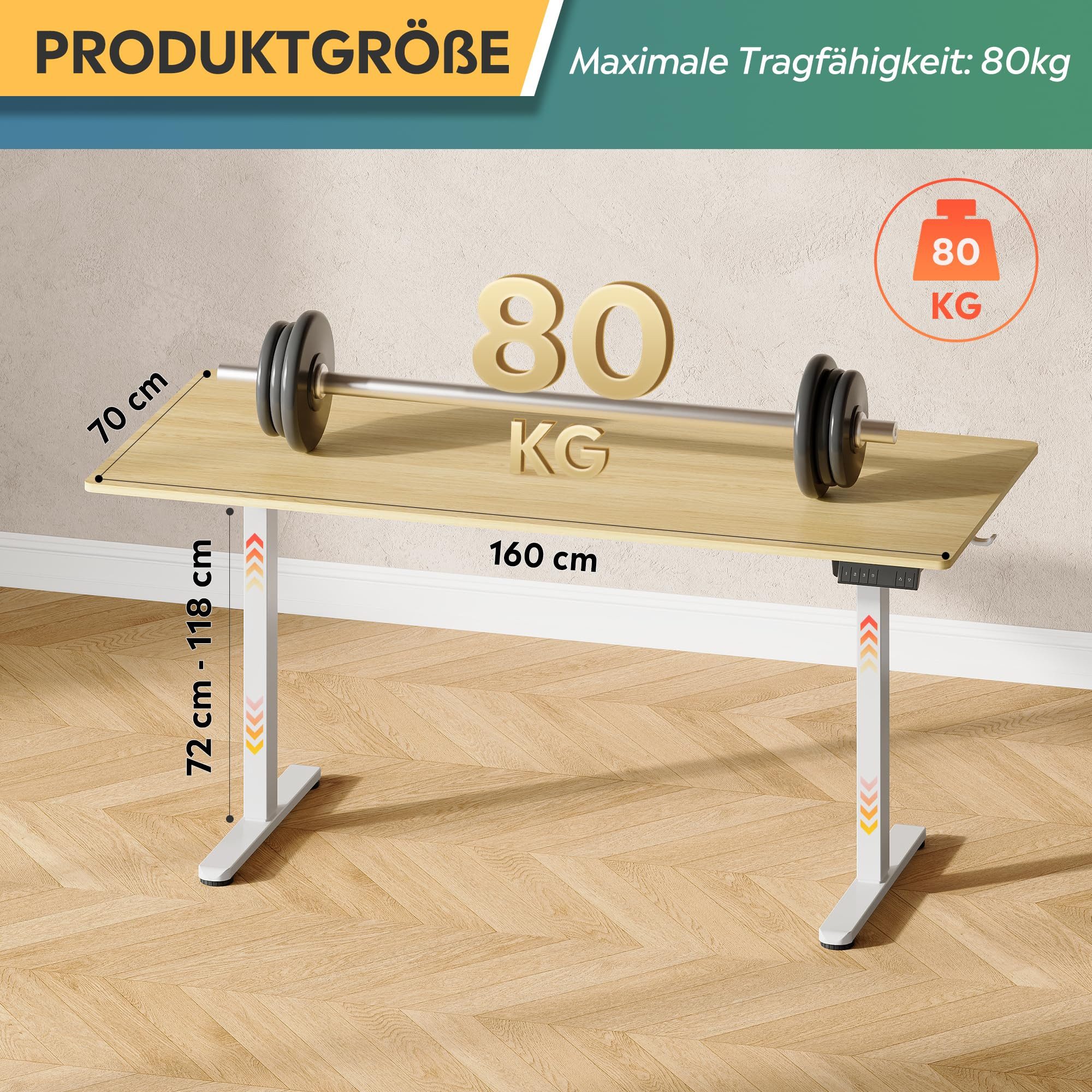 DEVAISE Schreibtisch Höhenverstellbarer Schreibtisch elektrisch 100×60 cm (Höhenverstellung 72–118 cm, Memory-Funktion für 3 Höhen, leise <50 dB, 160x70 cm 1 Tisch), Ergonomischer Computertisch für Büro, Home Office