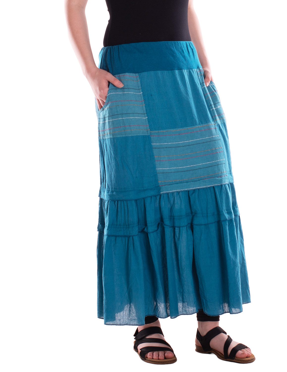 Maxirock Damen Lagenrock Baumwolle Casual elastischer Bund mit Taschen