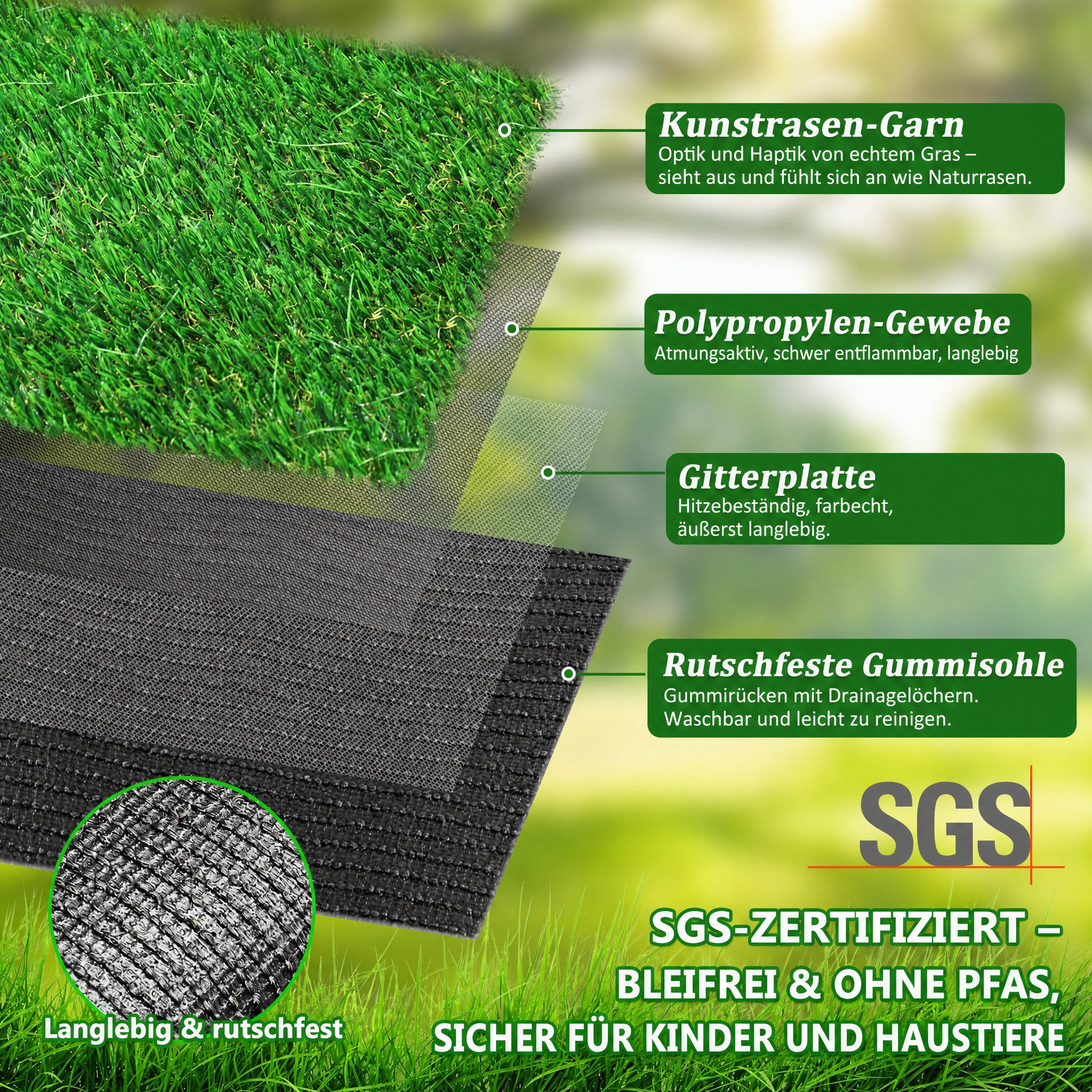 Blossom Kunstrasen 35mm Hochflor, 4-Farbige Premium Rasenmatte mit Drainage, UV-beständig, Höhe: 35 mm, Zuschneidbar, Rutschfest für Garten, Balkon, Terrasse & Haustiere