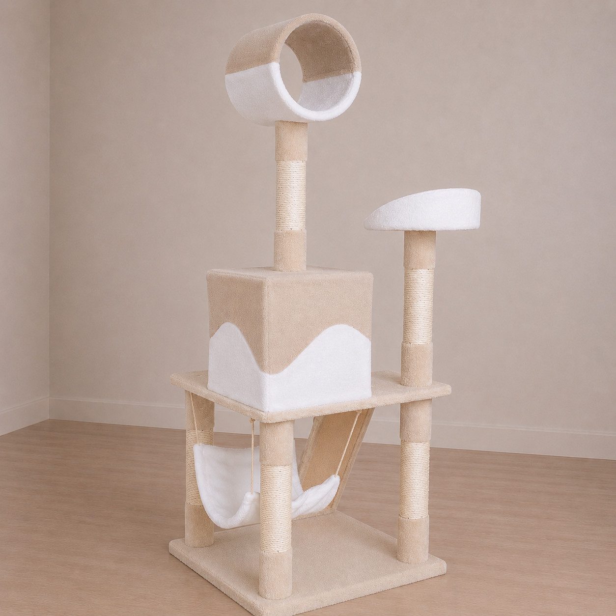 belviona Kratzbaum mit Höhle, Hängematte, Treppe & Liegeplattform, 133 cm, beige/weiß, mit Sisalsäulen & Liege-Röhre zum Beobachten