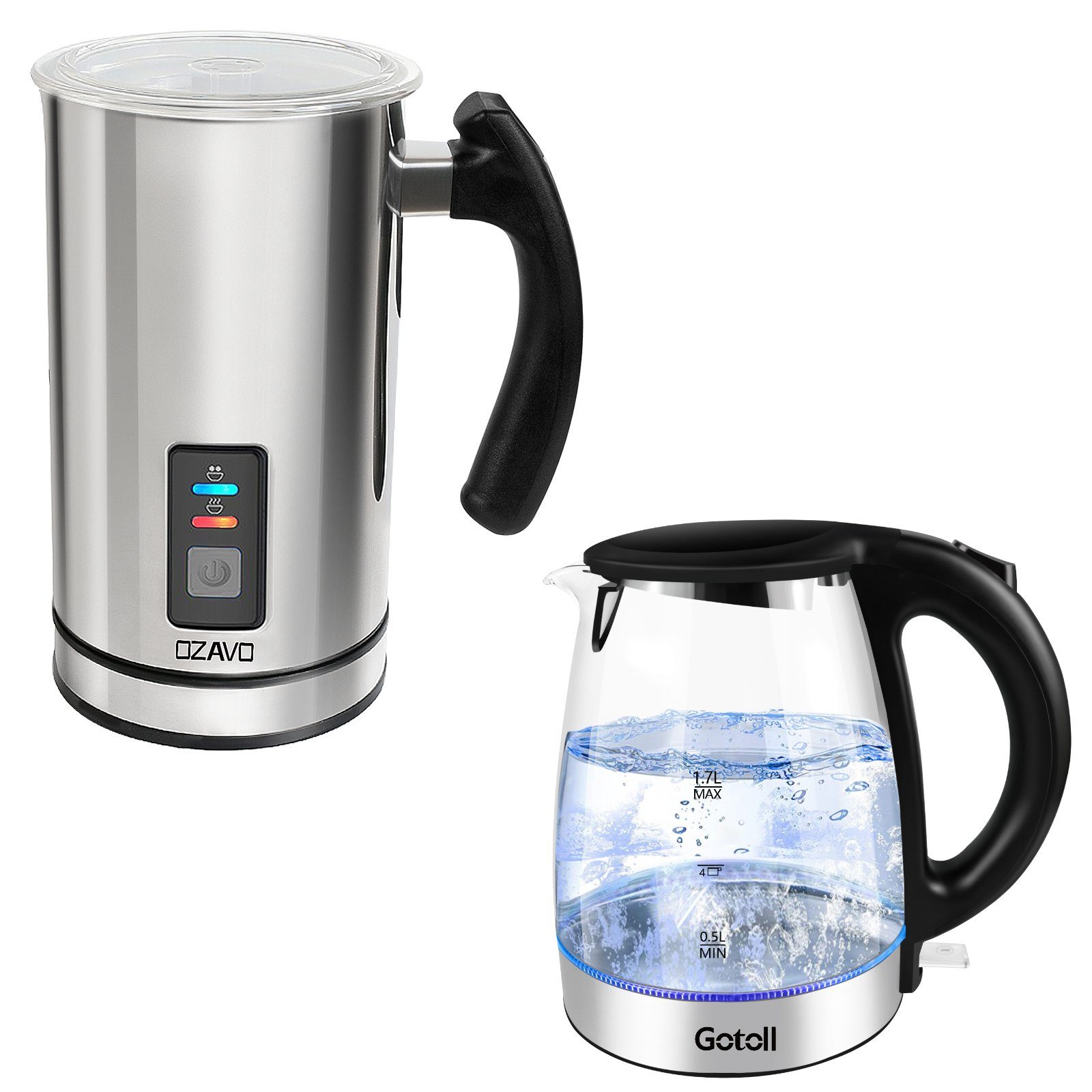 OZAVO Milchaufschäumer OZ210, 500 W, 240ml / Glas Wasserkocher, 1.7L, 2200 W, Kaffee-Set