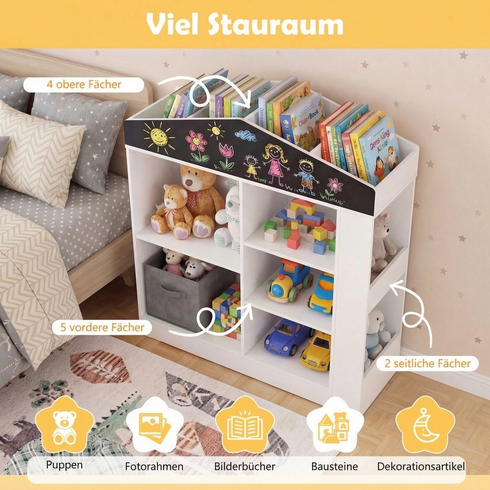 COSTWAY Kinderregal, Hausform, mit Fächern, Tafel & Kippschutzvorrichtung