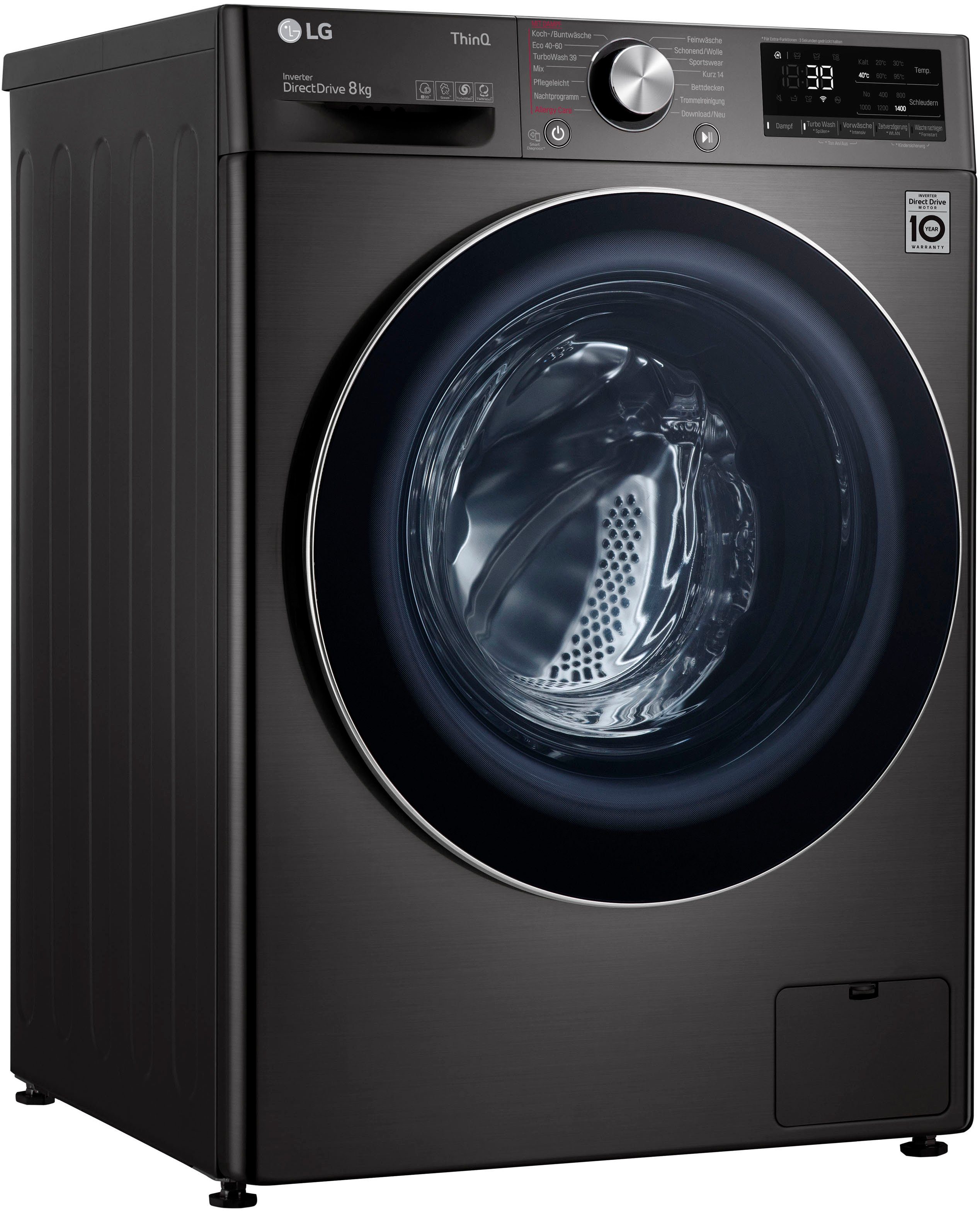 LG Waschmaschine F4WV708P2BA, Tiefenreinigung Minuten, 1400 in nur AllergyCare Programm Steam: 8 wie U/min, kg, - Waschen 39 mit Dampf TurboWash® speziellem mit