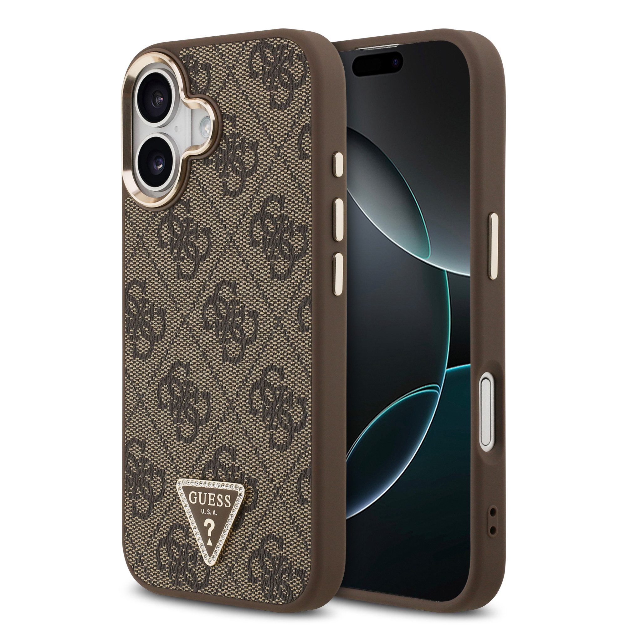Guess Handyhülle GUESS Case für iPhone 17 Strass Triangle Logo Handyhülle Cover Braun