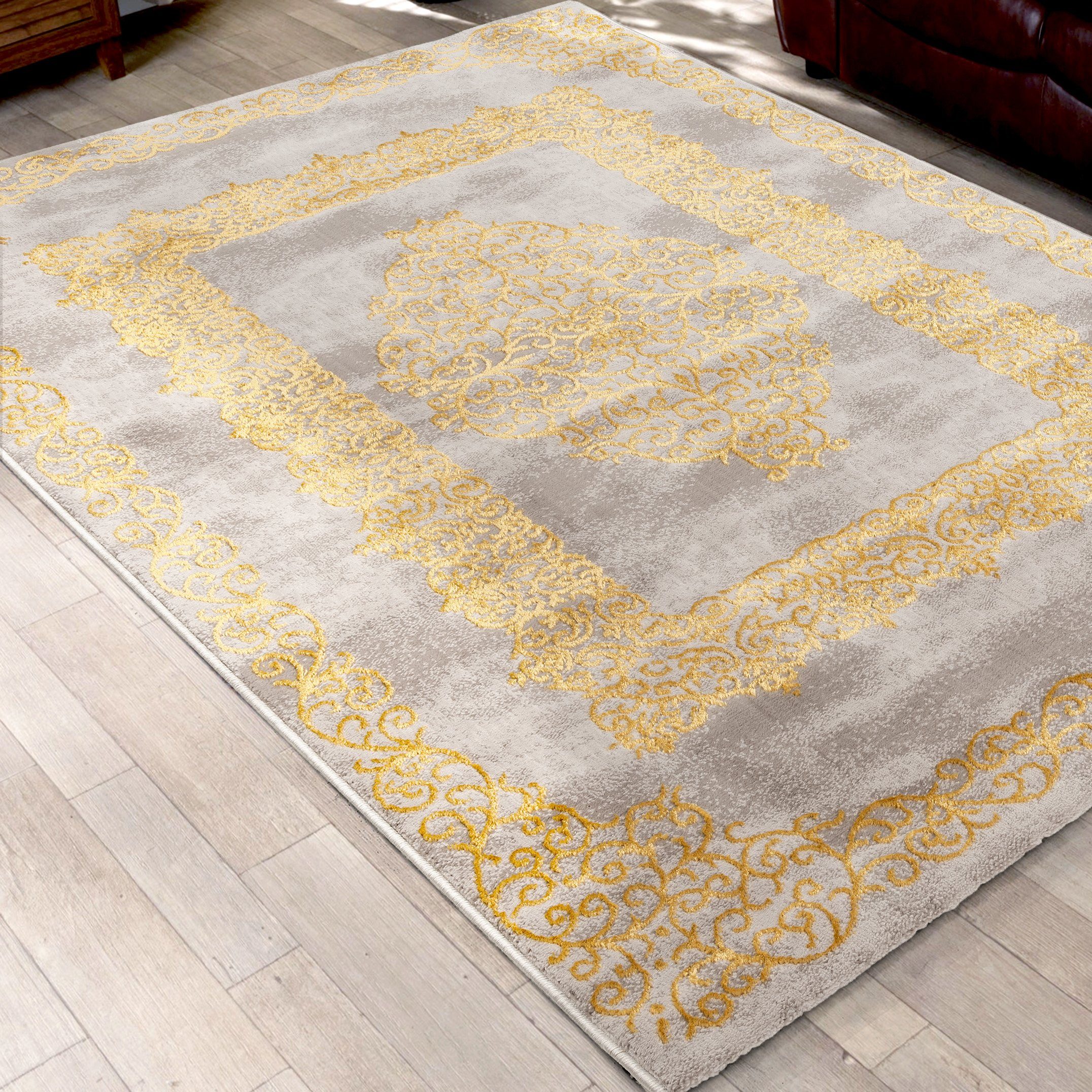 Teppich Teppich Vintage Design, grau-goldfarbig, Sehrazat, Rechteckig, Höhe:  12 mm, 3D Effekt mit Glanz, mit Medaillon, mit Bordüre