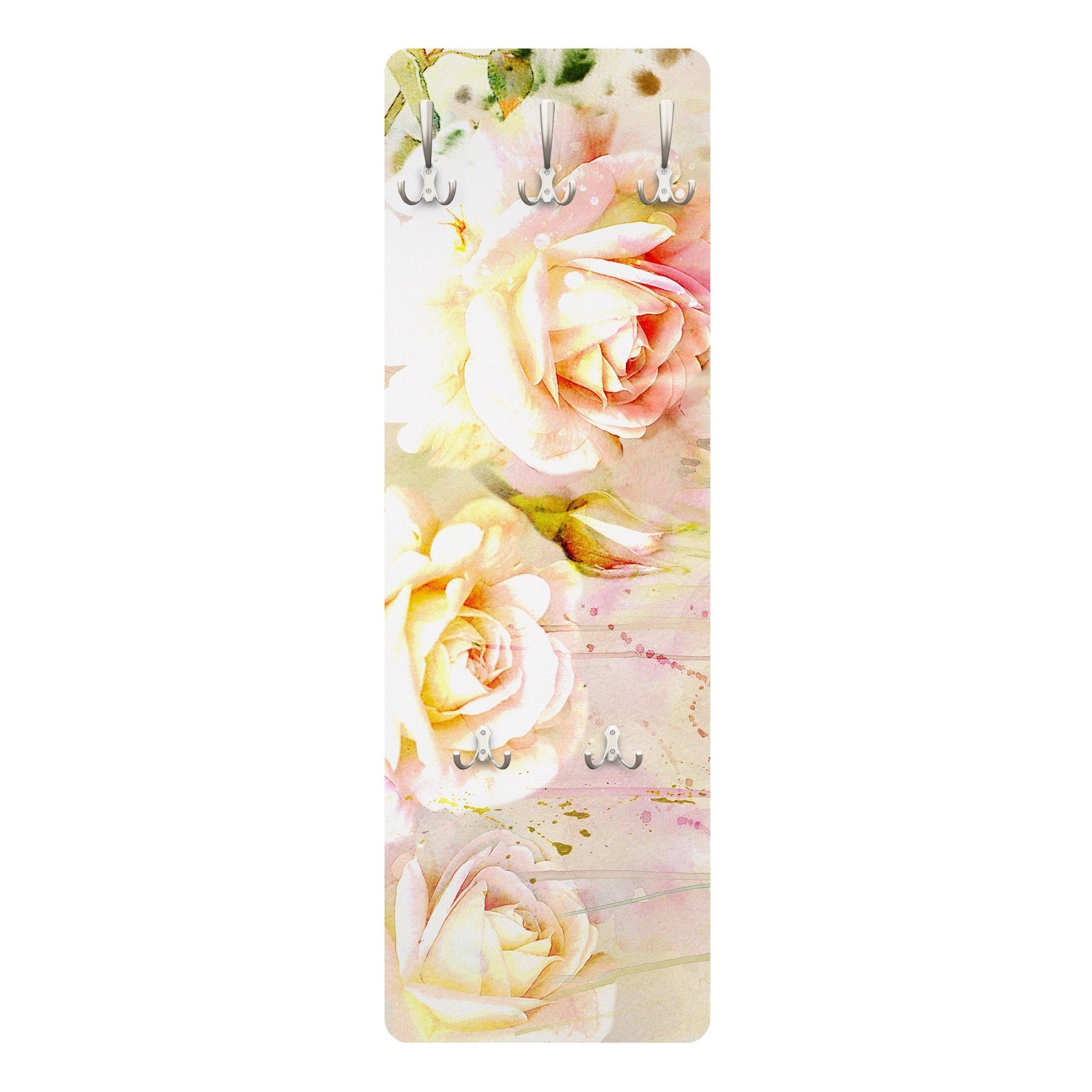 Bilderdepot24 Garderobenpaneel beige Aquarell Blumen Floral Kunst Aquarell Blumen Rosen Design (ausgefallenes Flur Wandpaneel mit Garderobenhaken Kleiderhaken hängend), moderne Wandgarderobe - Flurgarderobe im schmalen Hakenpaneel Design