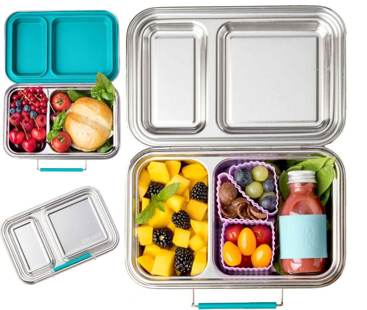 LEKKABOX Lunchbox DUO Edelstahl Brotdose, 2 Fächer - Kinder Bento Box Lunchbox, 2 auslaufsichere Fächer dank der herausnehmbaren Silikondichtung