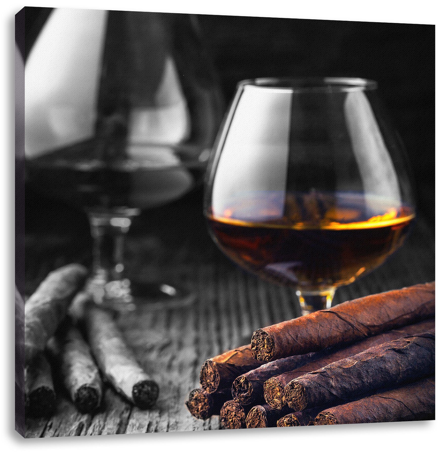 Pixxprint Leinwandbild Whisky mit Zigarren auf Holztisch, Whisky mit Zigarren auf Holztisch (1 St), Leinwandbild fertig bespannt, inkl. Zackenaufhänger