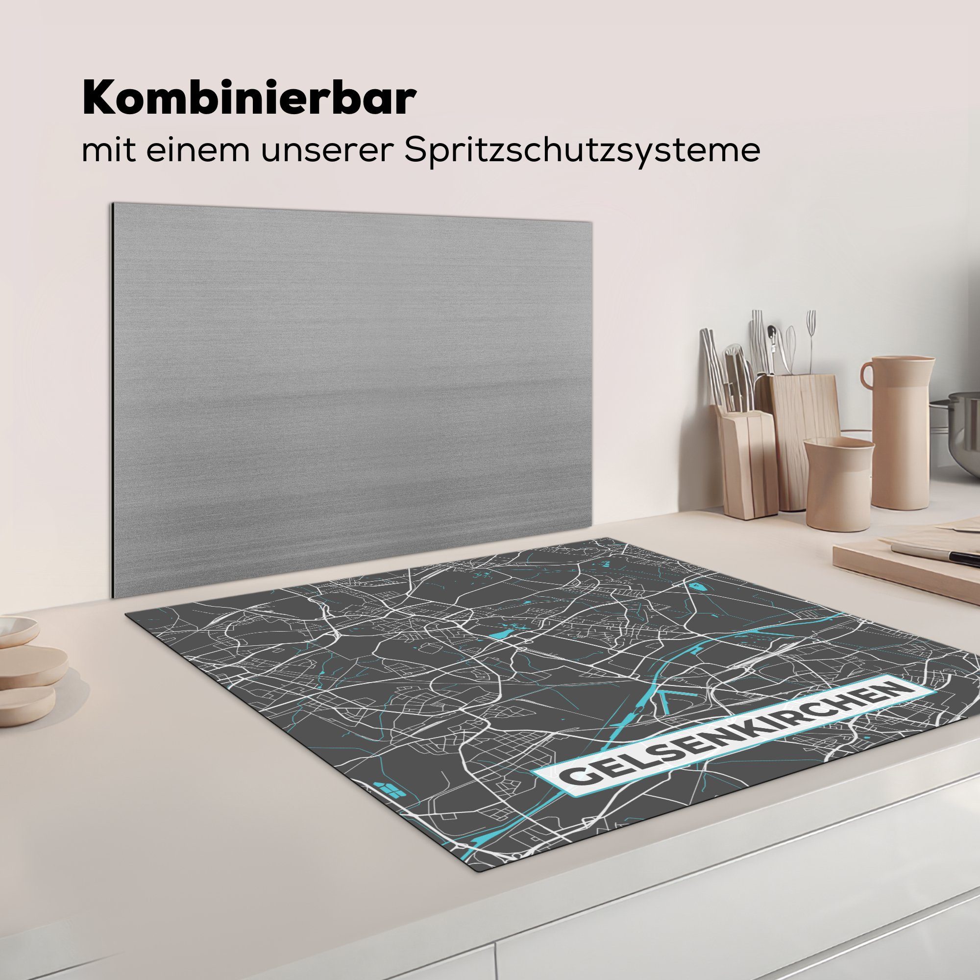 Gelsenkirchen küche Deutschland - für Arbeitsplatte Karte, cm, Ceranfeldabdeckung, (1 - Stadtplan 78x78 Vinyl, Herdblende-/Abdeckplatte - MuchoWow tlg),