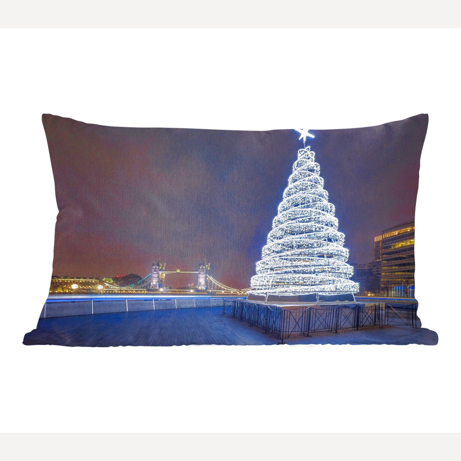 MuchoWow Dekokissen Ein beleuchteter Weihnachtsbaum an der Tower Bridge in England, Wohzimmer Dekoration, Zierkissen, Dekokissen mit Füllung, Schlafzimmer