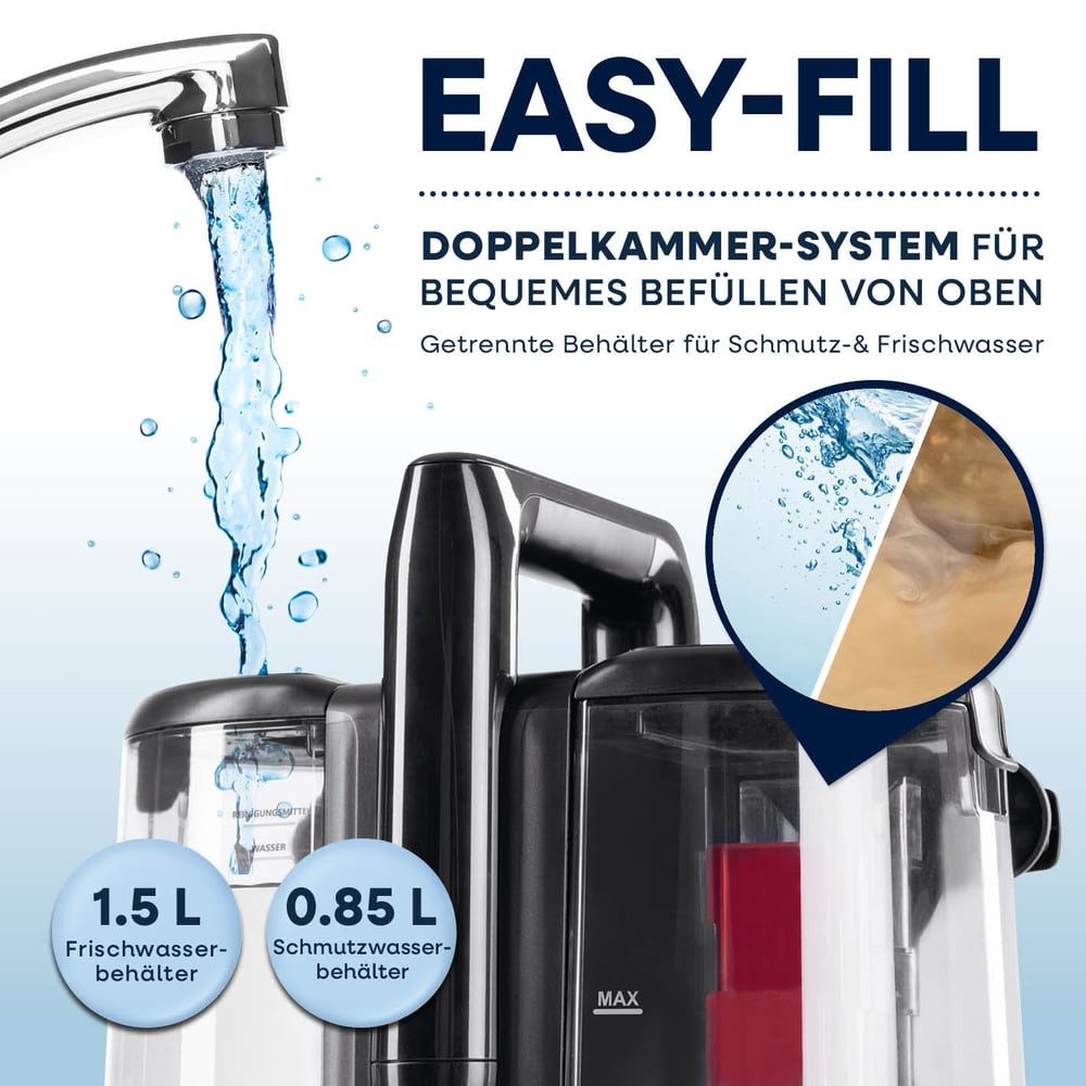 CLEANmaxx Teppichreinigungsgerät mit 2 Düsen 400 W, 400 W, beutellos, Flecken entfernen Doppeltank Nassreinigung sprühen bürsten saugen