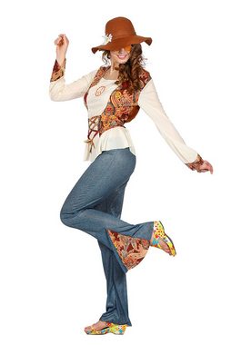 Karneval-Klamotten Hippie-Kostüm Damen 60er Jahre Peace Flower Power Damenkostüm, Komplettkostüm Hippie Oberteil und Schlaghose Frauenkostüm Karneval