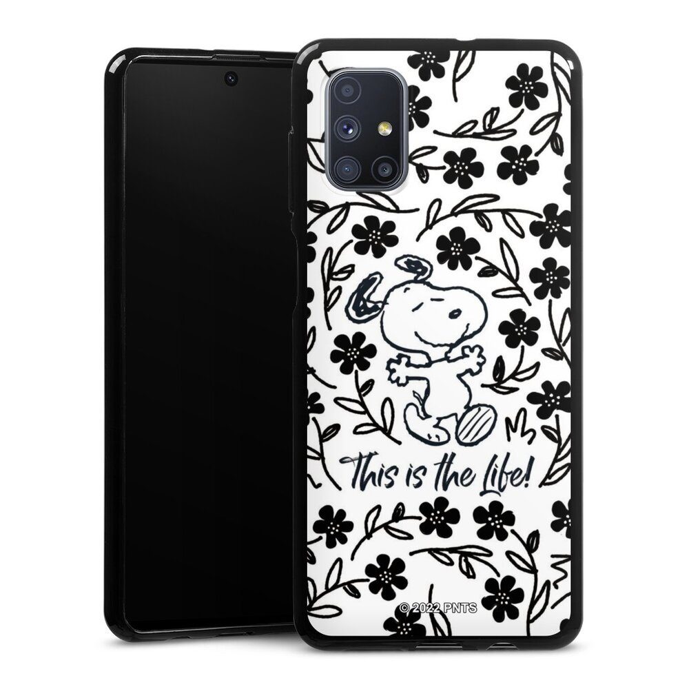 DeinDesign Handyhülle Peanuts Blumen Snoopy Snoopy Black and White This Is The Life, Samsung Galaxy M51 Silikon Hülle Bumper Case Handy Schutzhülle