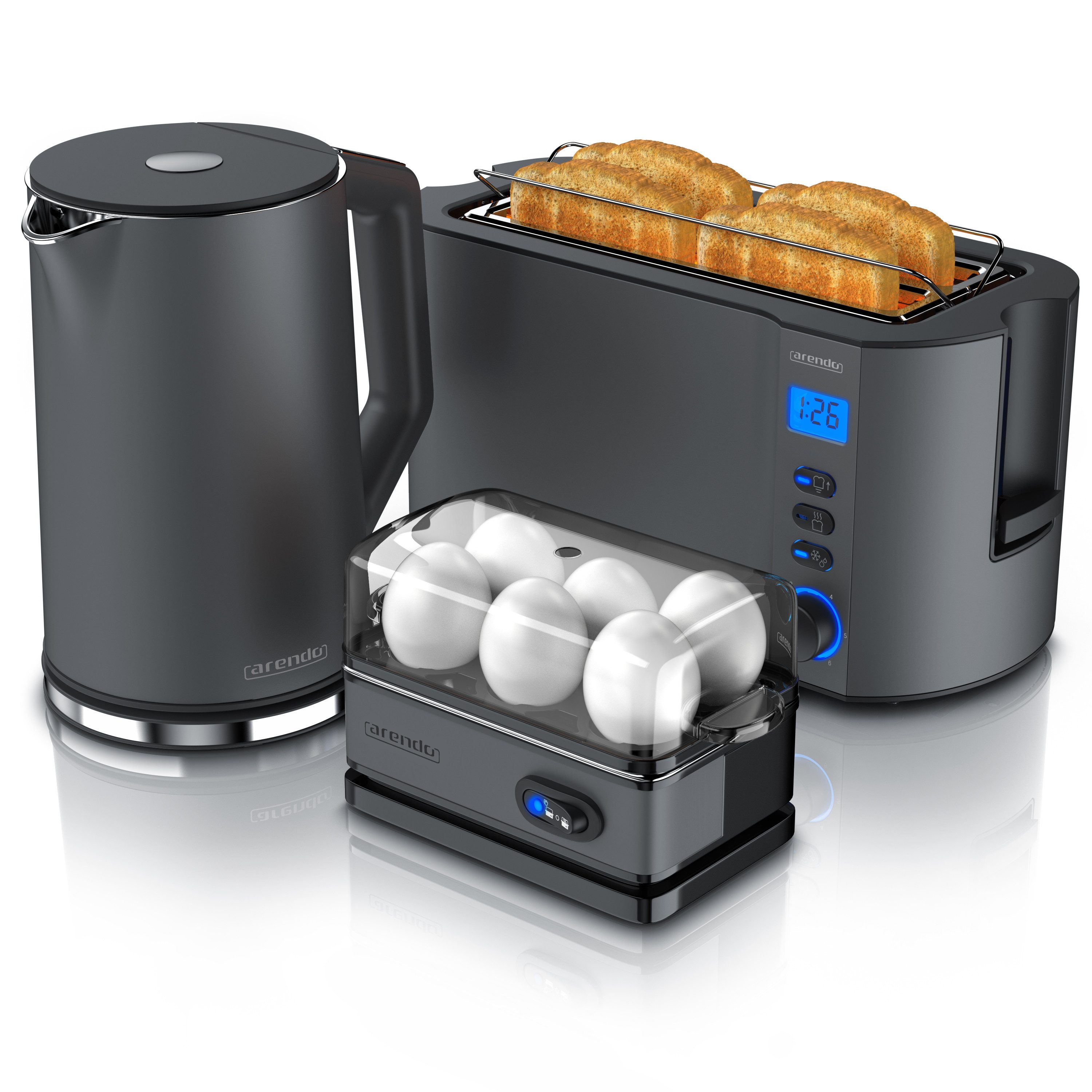 Arendo Frühstücks-Set Wasserkocher 1,5l, 4-Scheiben Toaster, 6er Eierkocher, Cool Grey (3-tlg), Edelstahl, BPA-frei, GS-geprüfte Sicherheit, fürs Familienfrühstück