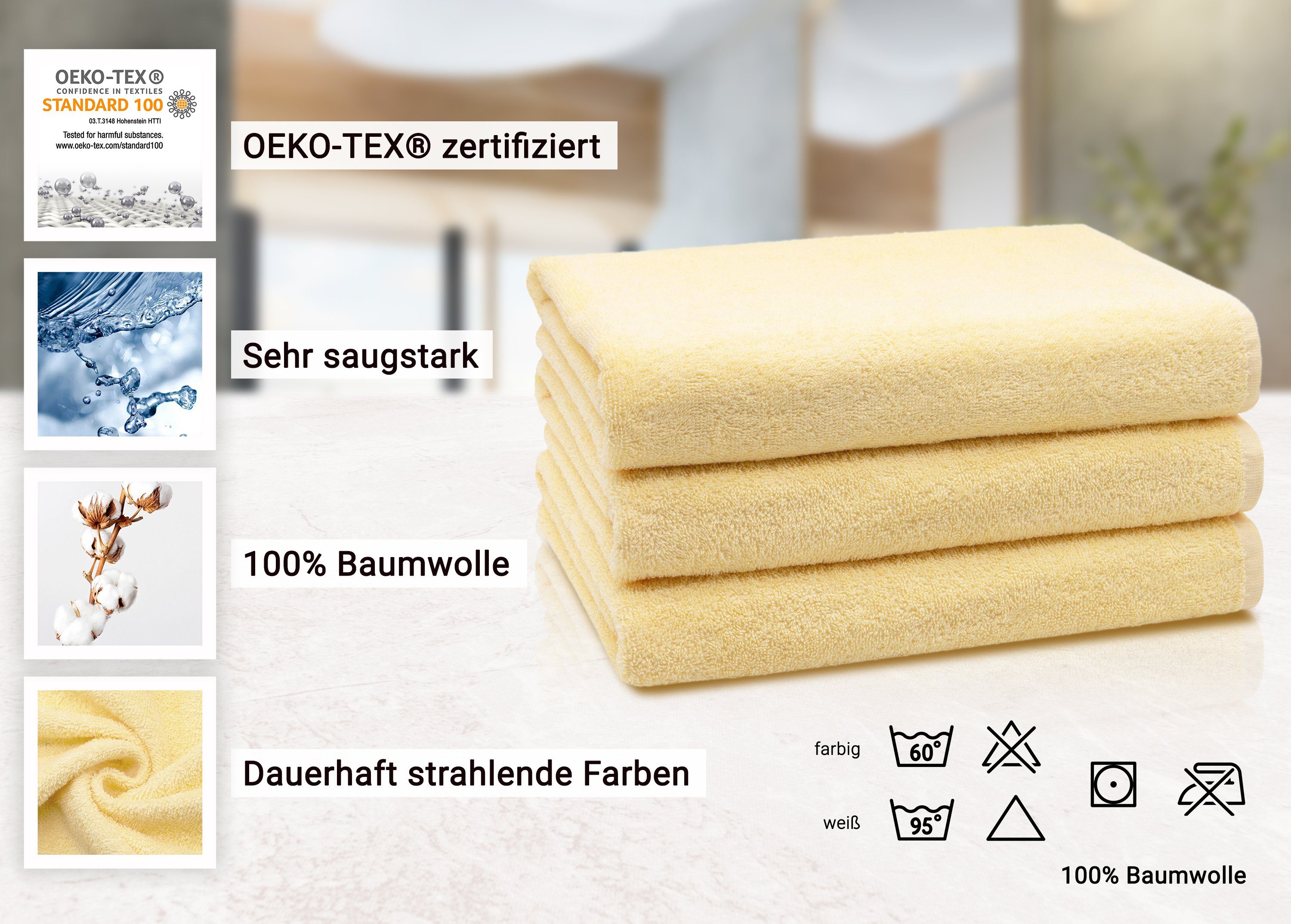 70 vom 140 Duschtücher, ZOLLNER gelb (3-St), cm, 100% Hotelwäschespezialisten x Baumwolle, Walkfrottier