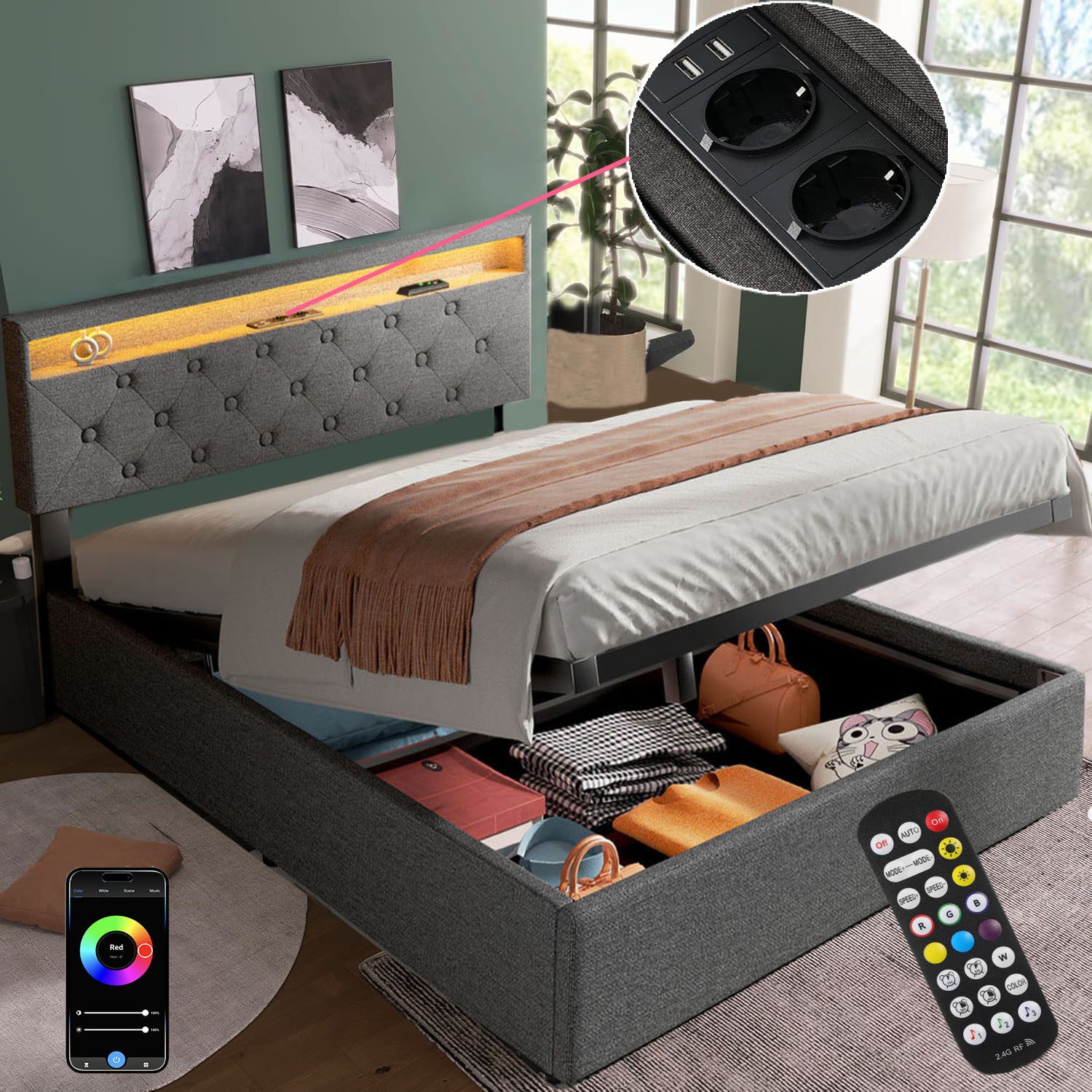 oyajia Polsterbett LED Doppelbett 160x200cm, Hydraulisch anhebbarer Staurau günstig online kaufen