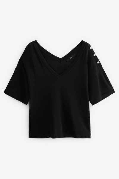 Next Kurzarmpullover T-Shirt aus Leinen mit V-Ausschnitt + Schmuckknopf (1-tlg)