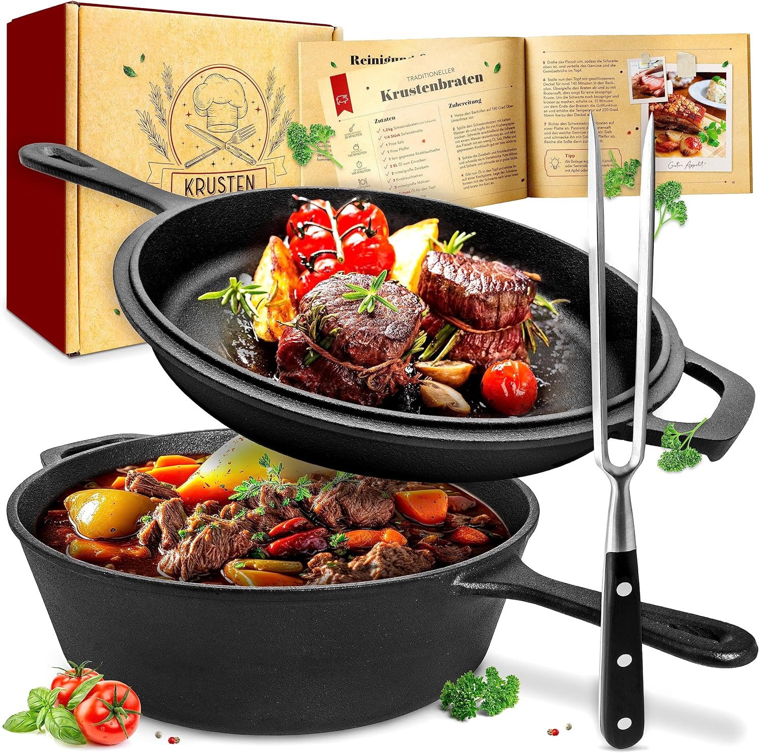 Krustenzauber Schmortopf Gusseisen Topf [inkl. Fleischgabel] -, (Robuster 26cm Gusseisen Bräter mit Deckel Backofengeeignet, Ideal als Schmortopf Induktion, Dutch Oven Set, Kazan, Cast Iron Pot)