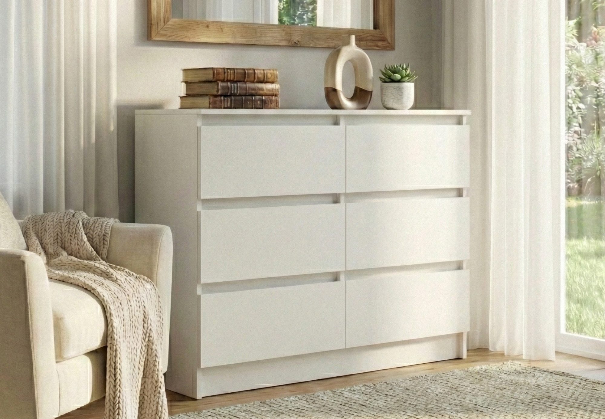 Home Collective Kommode mit 6 Schubladen 95, 120, 140 cm breit Holz Schrank (Highboard Anrichte Schlafzimmer Wohnzimmer Flur Büro Organizer), Kommode 95 cm breit Kommode Sideboard, Weiß