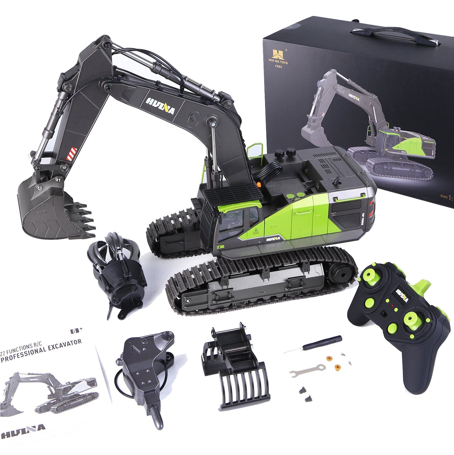 Esun RC-Bagger Ferngesteuerter bagger spielzeug, rc bagger baustellenfahrzeuge kinder (SET, Komplettset), 1:14Metallschaufel ferngesteuert mit 2 Akku und 3 Anbaugeräte