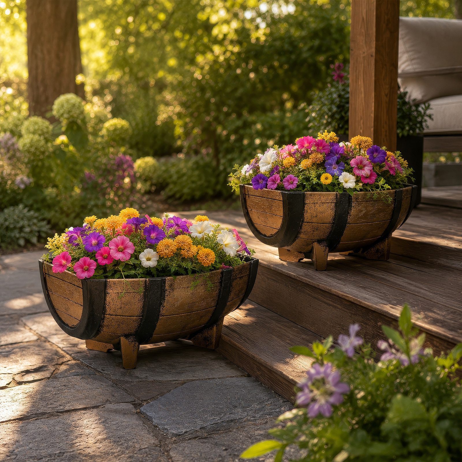 BlingBin Pflanzschale 2x Kunststoff Pflanzschale Eichenfass Optik braun mit Drainageboden (2 Stück, 2 St., 41,5 cm x 30 x 18,5 cm), Garten Deko Blumentopf Pflanzkübel Blumenschale Weinfass