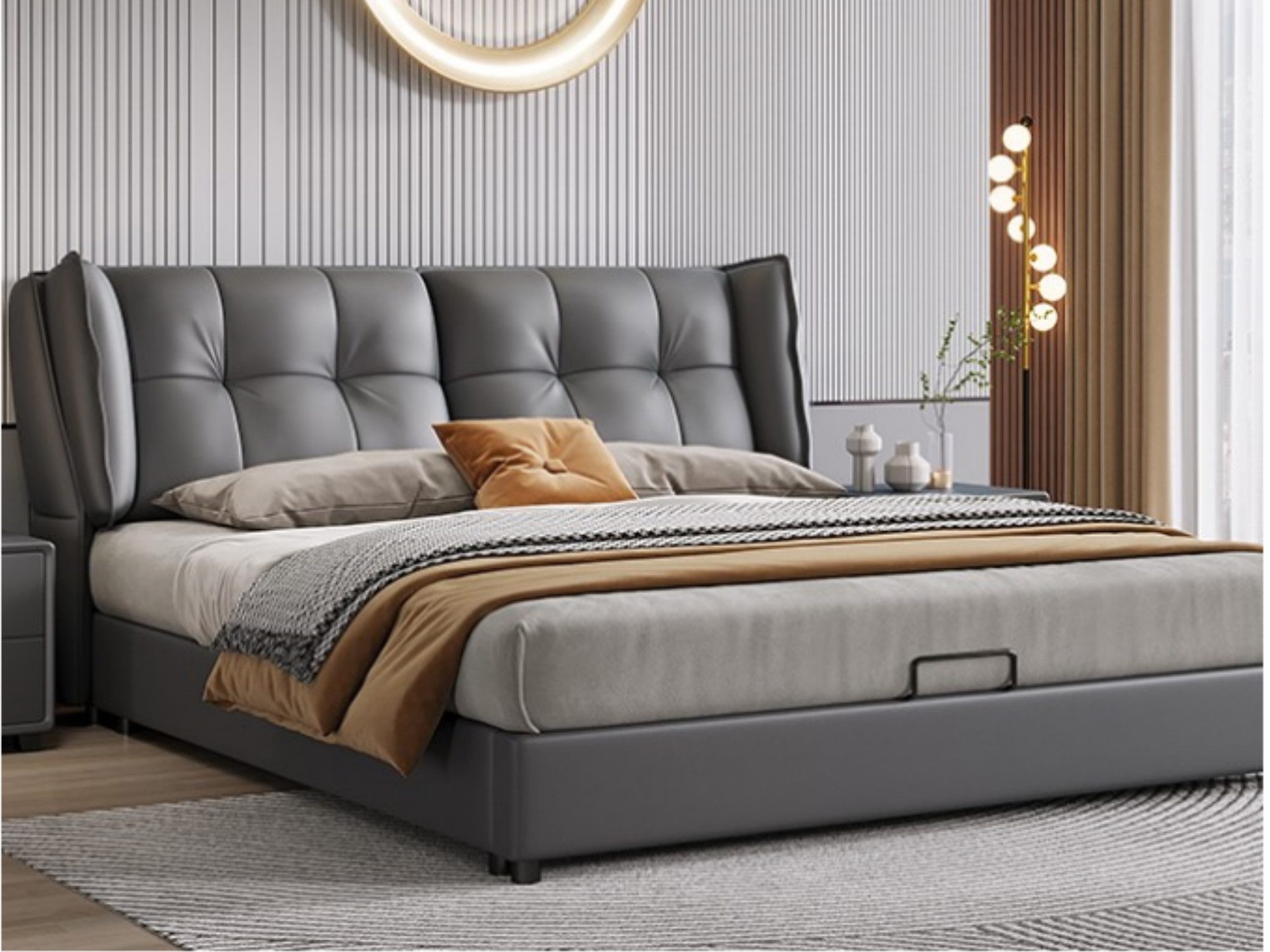 mukuhi Polsterbett Polsterbett 180x200 cm Grau mit Ohrenkopfteil & Lattenrost