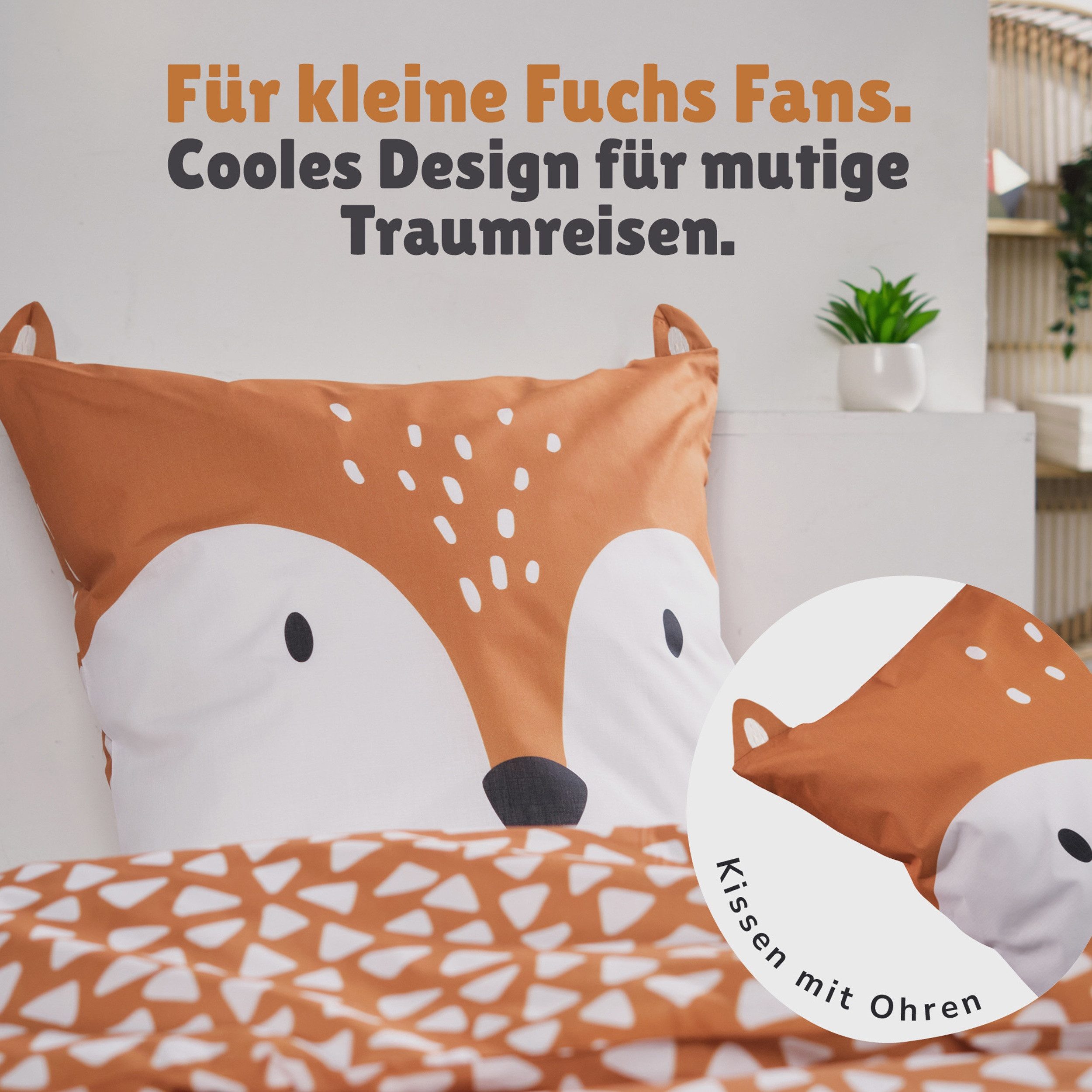 Familando Kinderbettwäsche little Fox 135x200 80x80 cm Bettwäsche niedlicher Fuchs mit Ohren, Renforcé, 2 teilig, mit liebevollem Motiv & süßen Details für Mädchen und Jungen