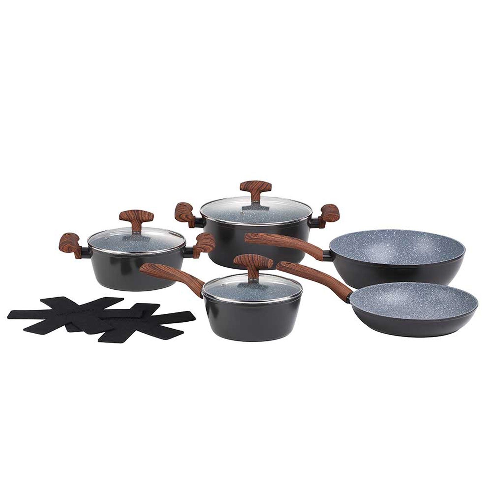 Michelino Topf-Set Kochtopfset 10-teilig Nora Wood, Aluminium (Set, 10-tlg., 1 Stieltopf, 2 Bratentöpfe, 2 Pfannen, 2x Pfannenschutz), mit Pfannenschutz