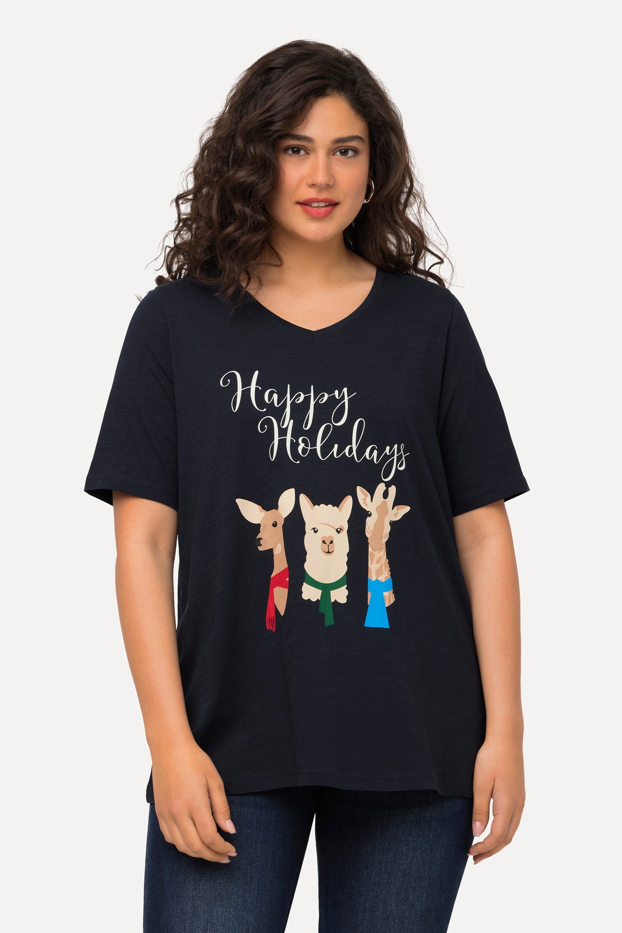 Ulla Popken T-Shirt Weihnachts-Shirt Tiere A-Linie V-Ausschnitt