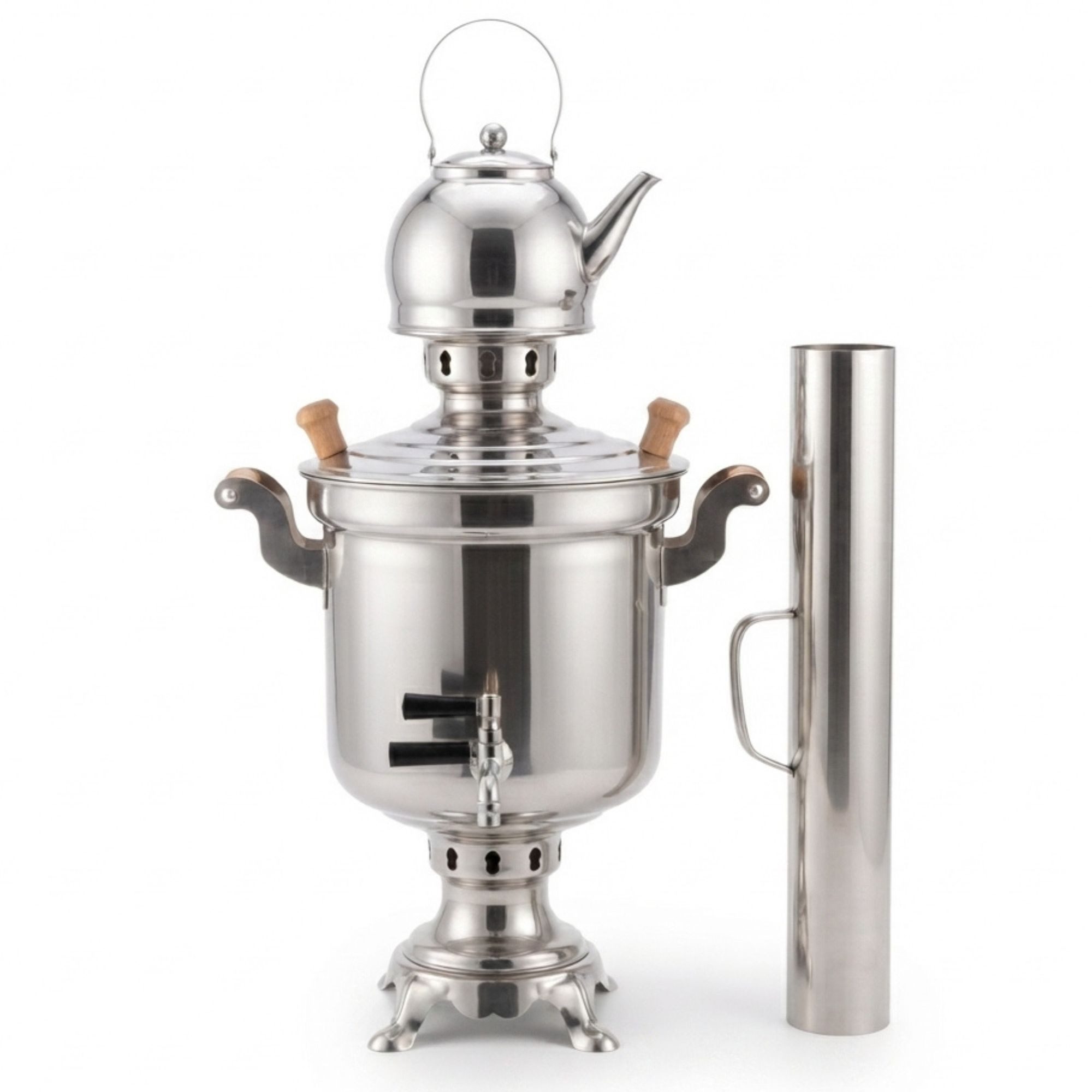 BIG-PAN Wasserkessel Edelstahl Holzfeuer-Samowar 5 Liter Schornstein Teekanne 1 Liter Sieb, Edelstahl (Holzfeuer-Samovar, Teekocher Teemaschine), Tea Maker with Chimney