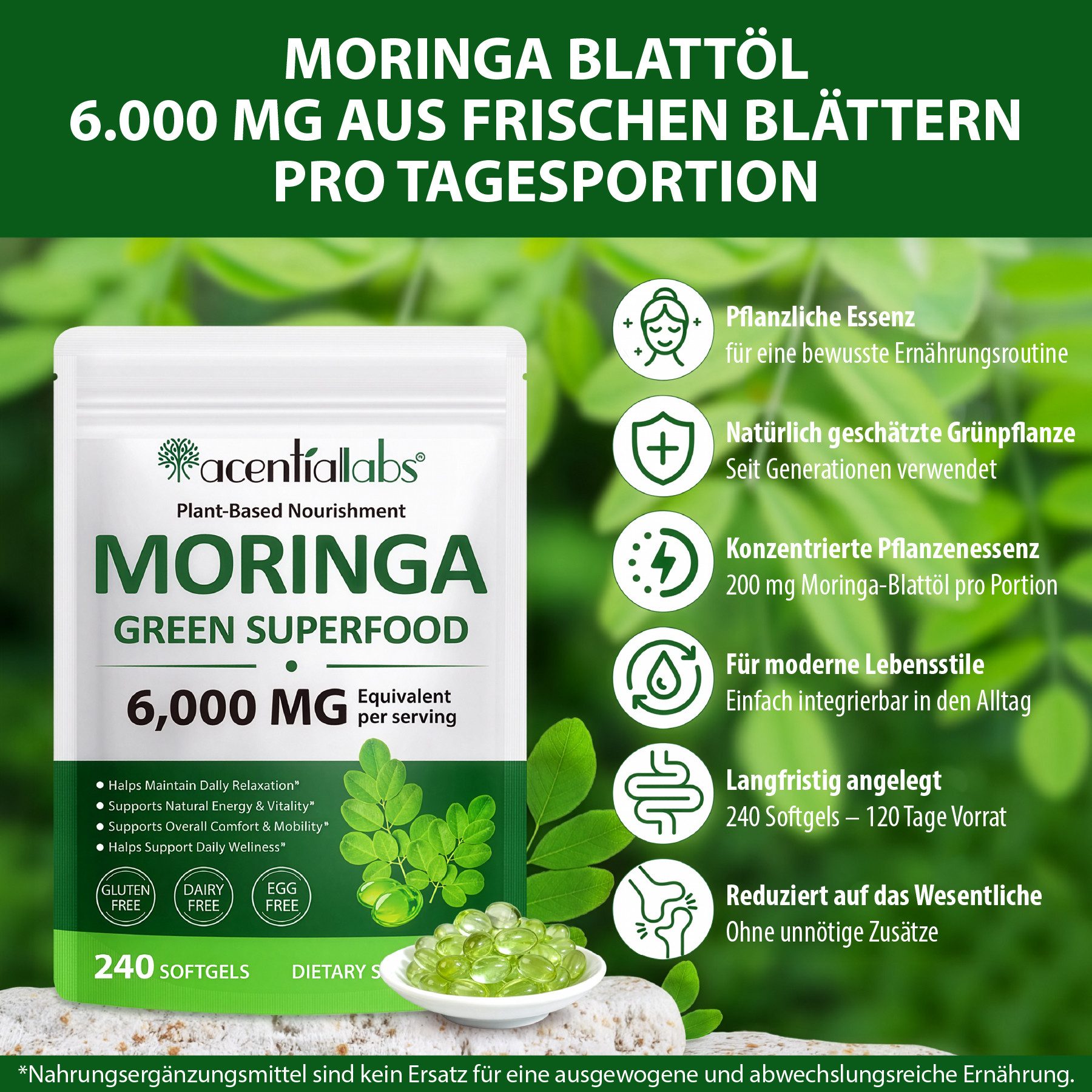 P-Beauty Cosmetic Accessories Moringa Blattpulver Softgels Kapseln 6000mg Hochdosiert Vegan 240 St Kapseln, 240 er, Ergänzungsmittel, Nahrungsergänzungskapseln, Softgels, Moringa
