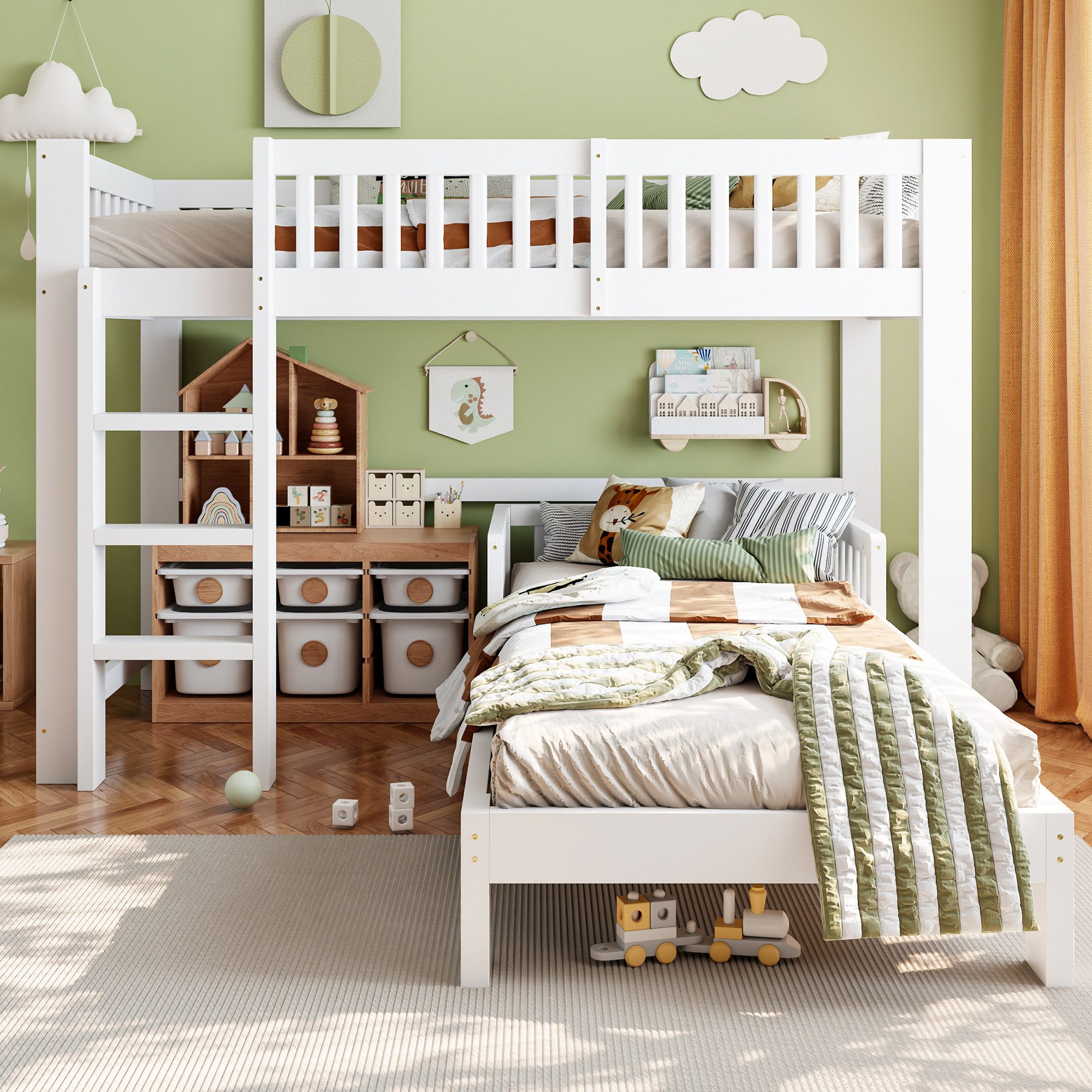 Flieks Etagenbett, Modulares Kinderbett 90x200cm, Hochbett + Einzelbett frei kombinierbar