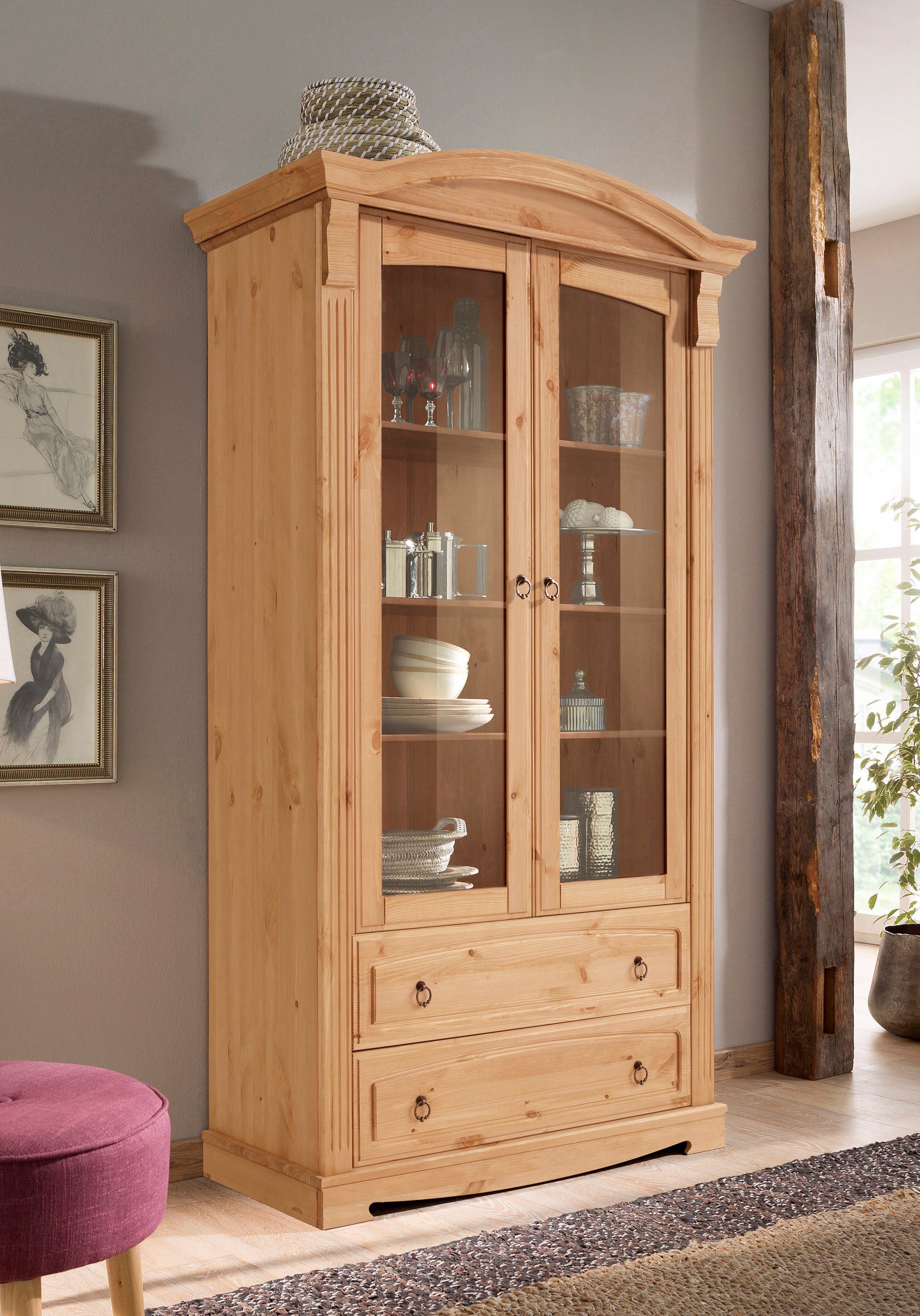 OTTO home Glasvitrine Anna (Gesamtmaße (B/T/H): ca. 97/46/188 cm) mit Glastüren, 2 Schubladen, Höhe 188 cm, aus massiver Kiefer, FSC®