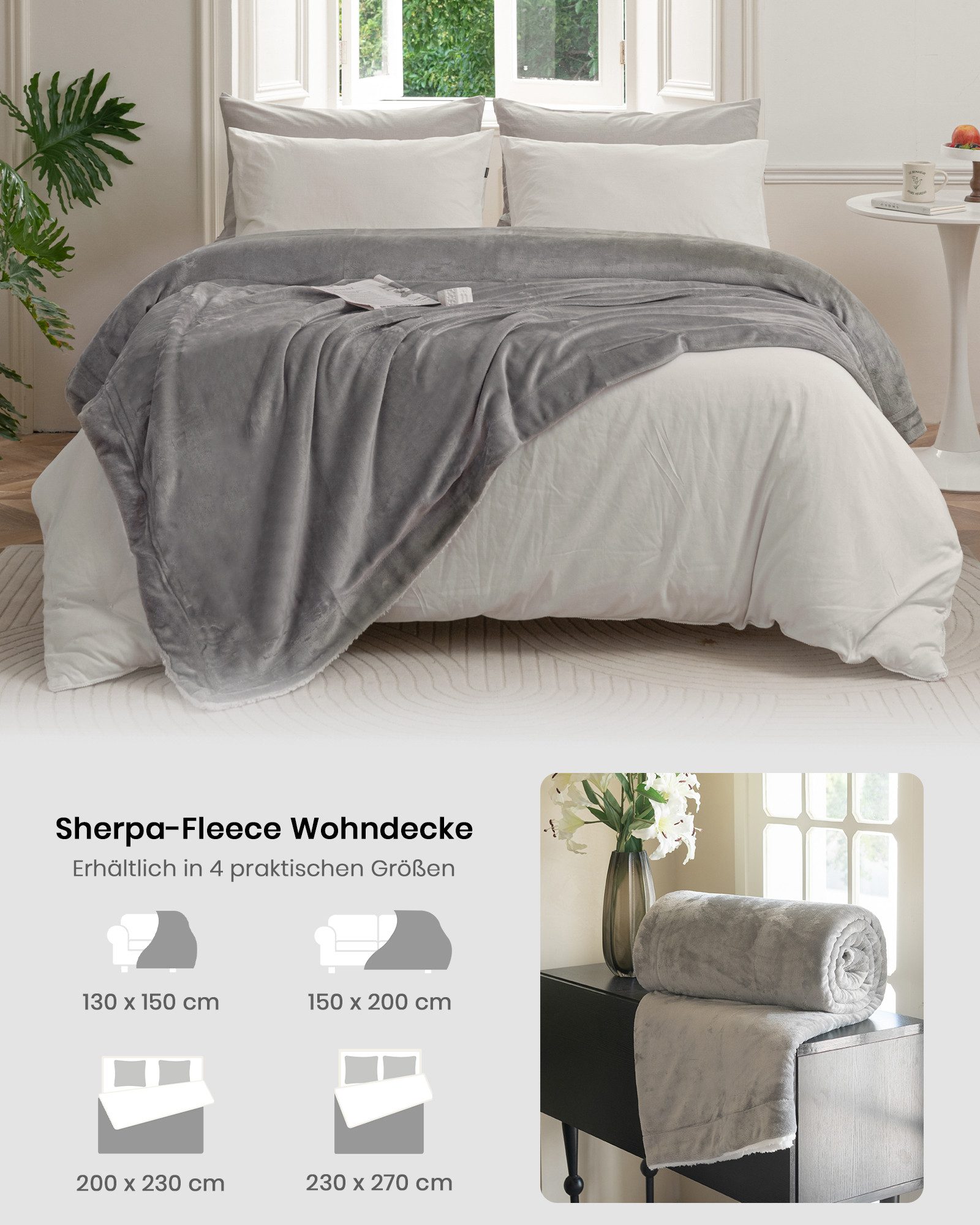 Wohndecke Sherpa-Fleece-Wohndecke, wendbar, kuschelig, warm, Grau, Einzelbett, Good Nite, Kuscheldecke, Polyester, für Zuhause und Reisen, grau, blau, schwarz – Bild 5 von 5